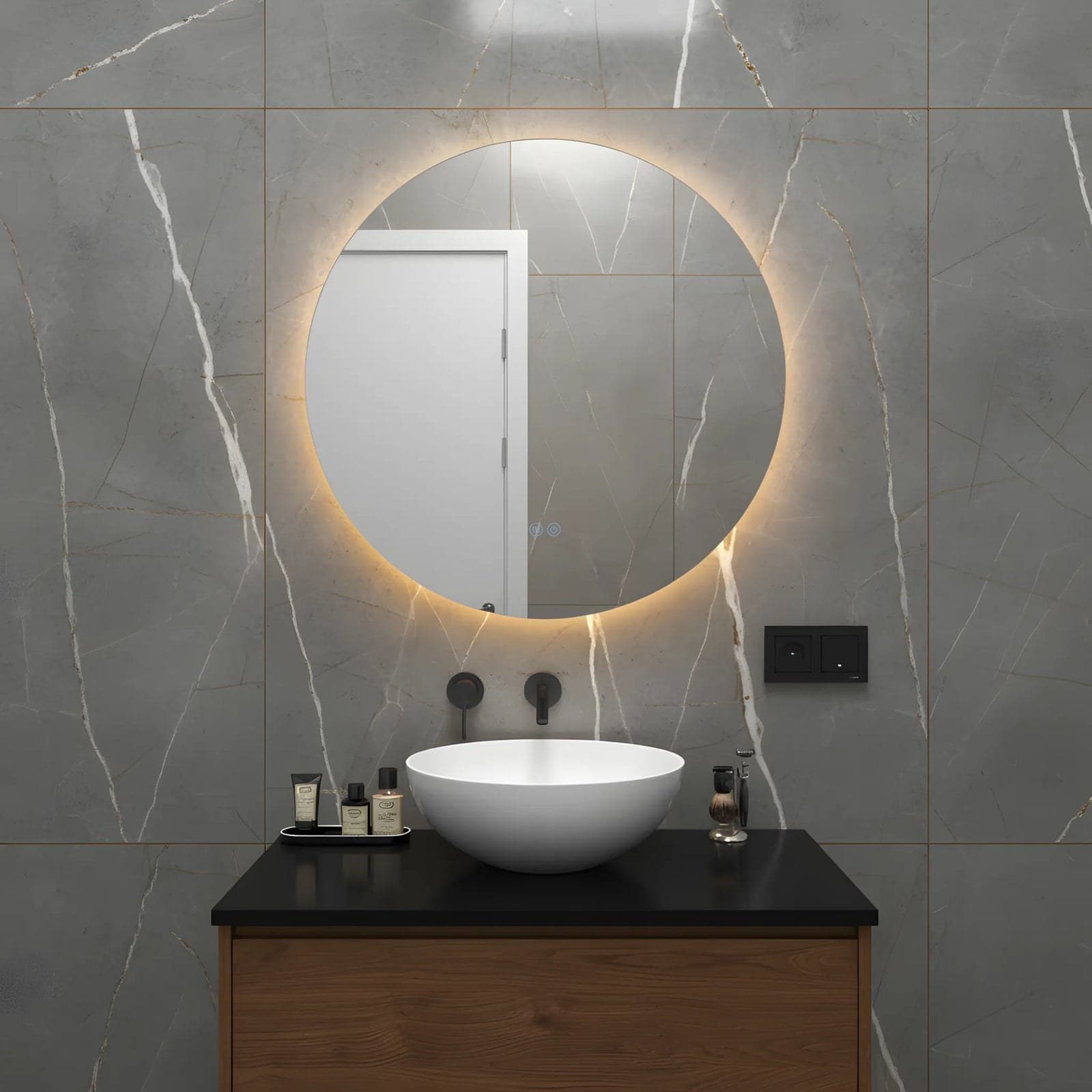Oglindă baie LED ⌀60 cm / ⌀70 cm / ⌀80 cm / ⌀90 cm rotundă, 3 nuanțe de lumină, dezaburire și touch control J-170 - montat