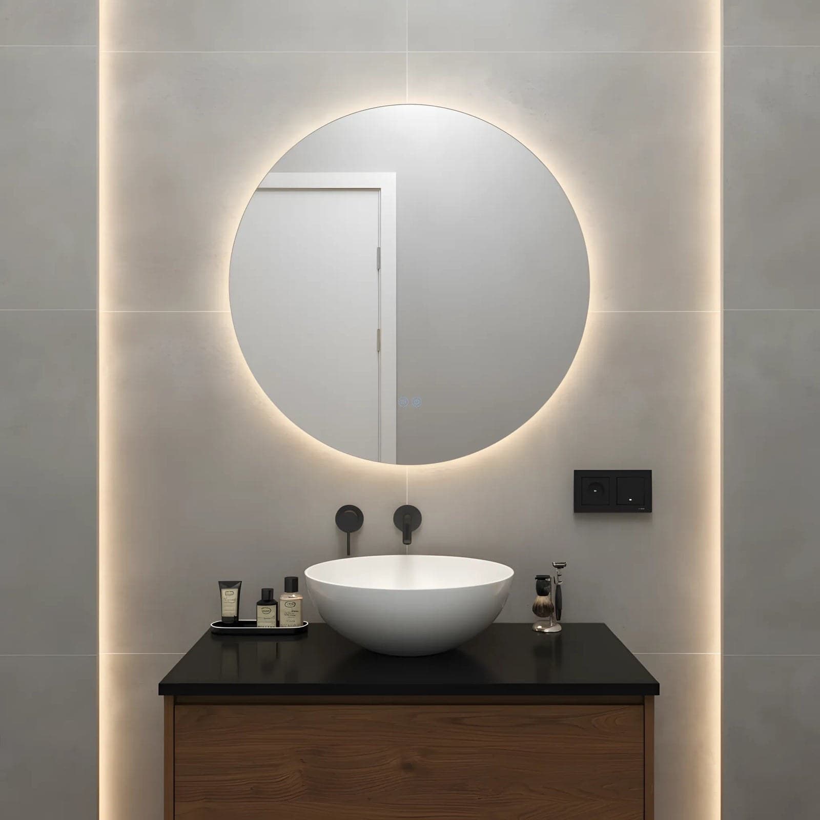 Oglindă baie LED ⌀60 cm / ⌀70 cm / ⌀80 cm / ⌀90 cm rotundă, 3 nuanțe de lumină, dezaburire și touch control J-170 - montat