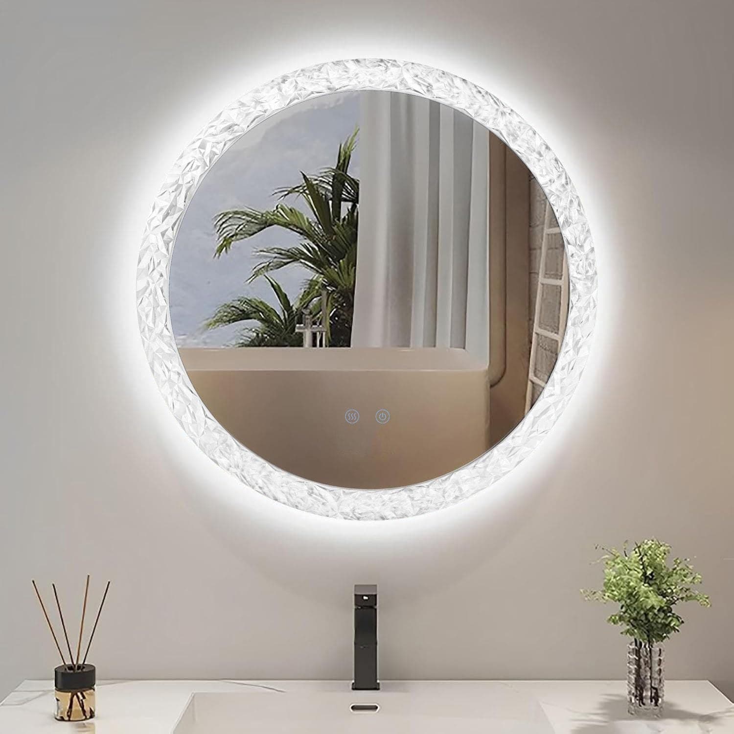 Oglindă baie LED ⌀60 cm/ ⌀80 cm rotundă cu ramă acrilică, 3 nuanțe de lumină, dezaburire și touch control J-2042