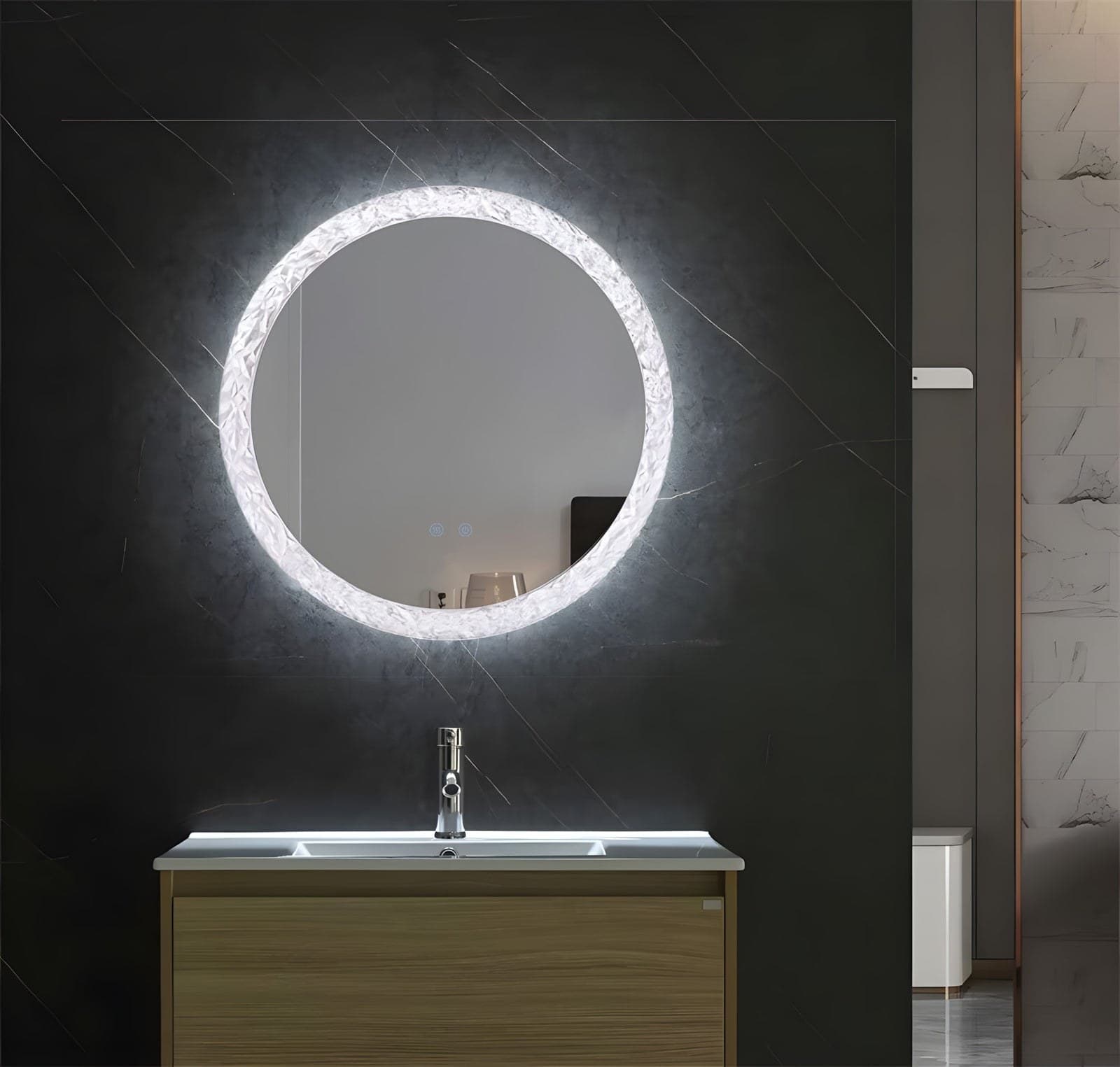 Oglindă baie LED ⌀60 cm/ ⌀80 cm rotundă cu ramă acrilică, 3 nuanțe de lumină, dezaburire și touch control J-2042 - montat