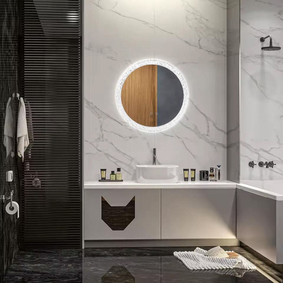 Oglindă baie LED ⌀60 cm/ ⌀80 cm rotundă cu ramă acrilică, 3 nuanțe de lumină, dezaburire și touch control J-2042 - montat
