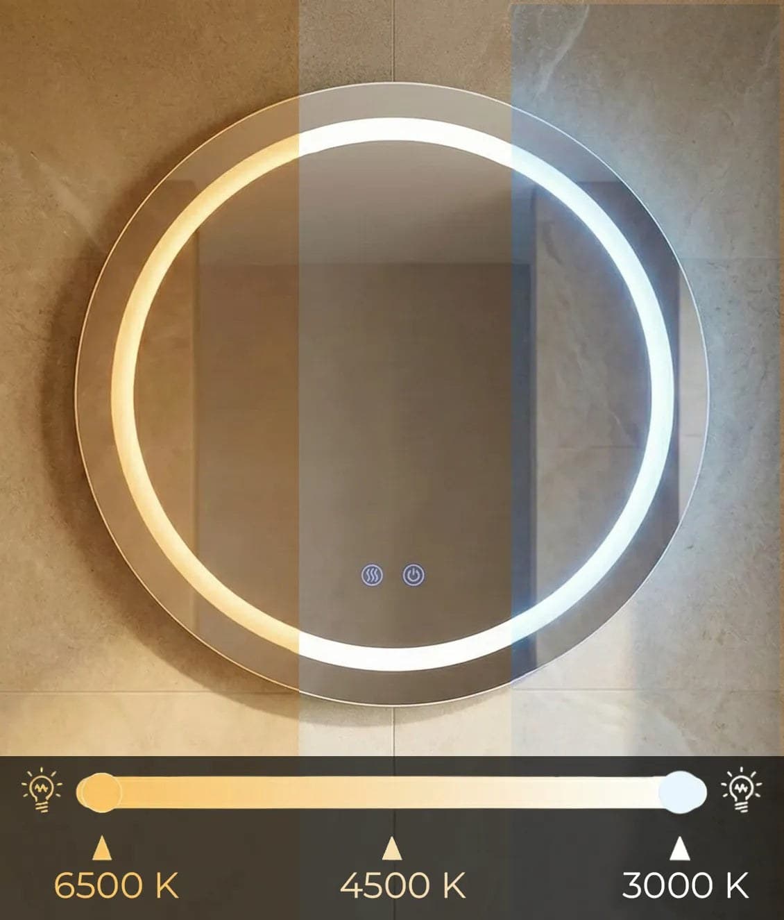 Oglindă baie LED ⌀60 cm rotundă, 3 nuanțe de lumină, dezaburire și touch control J-2011 - montat