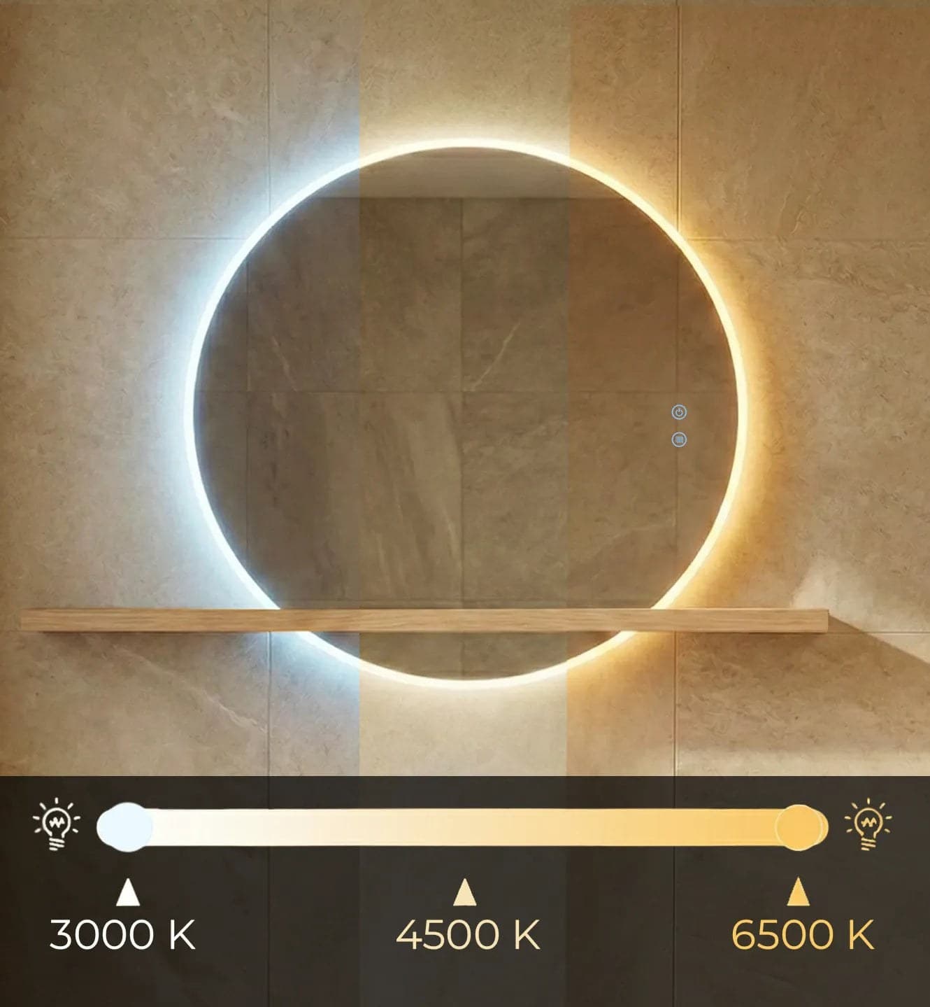 Oglindă baie LED ⌀70 cm rotundă, 3 nuanțe de lumină, dezaburire și touch control J-2004 - montat