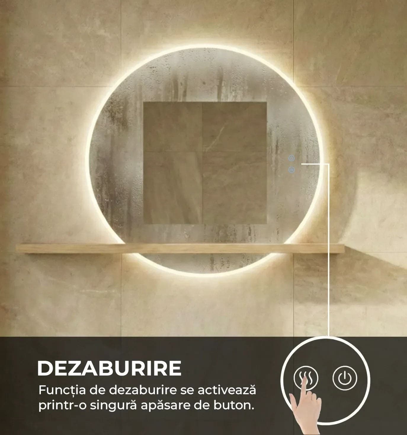 Oglindă baie LED ⌀70 cm rotundă, 3 nuanțe de lumină, dezaburire și touch control J-2004 - montat