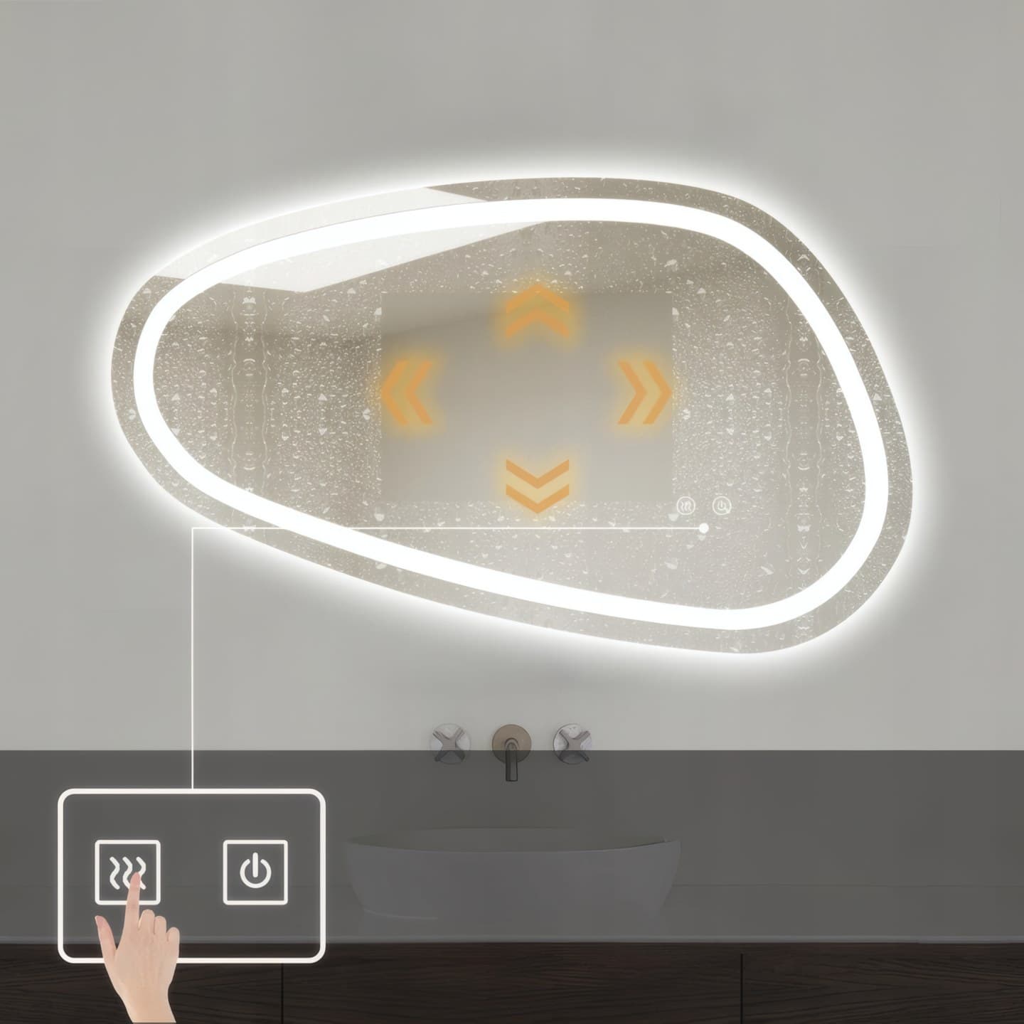 Oglindă baie LED 78.2×47.5 cm asimetrică, 3 nuanțe de lumină, dezaburire și touch control J-18 - montat
