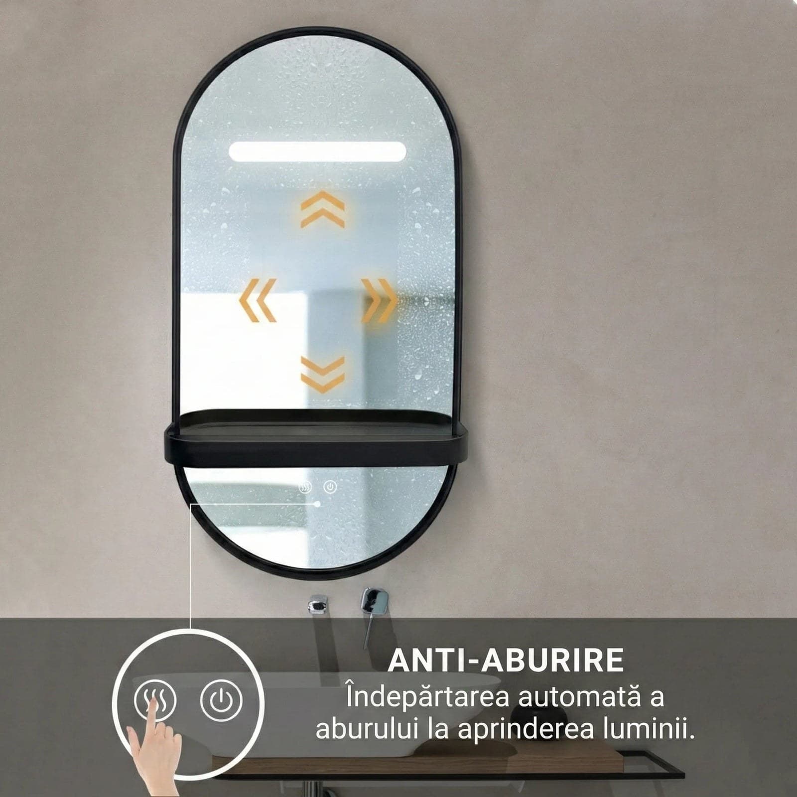 Oglindă baie LED 80×40 cm ovală, 3 nuanțe de lumină, dezaburire și touch control J-3086 - montat