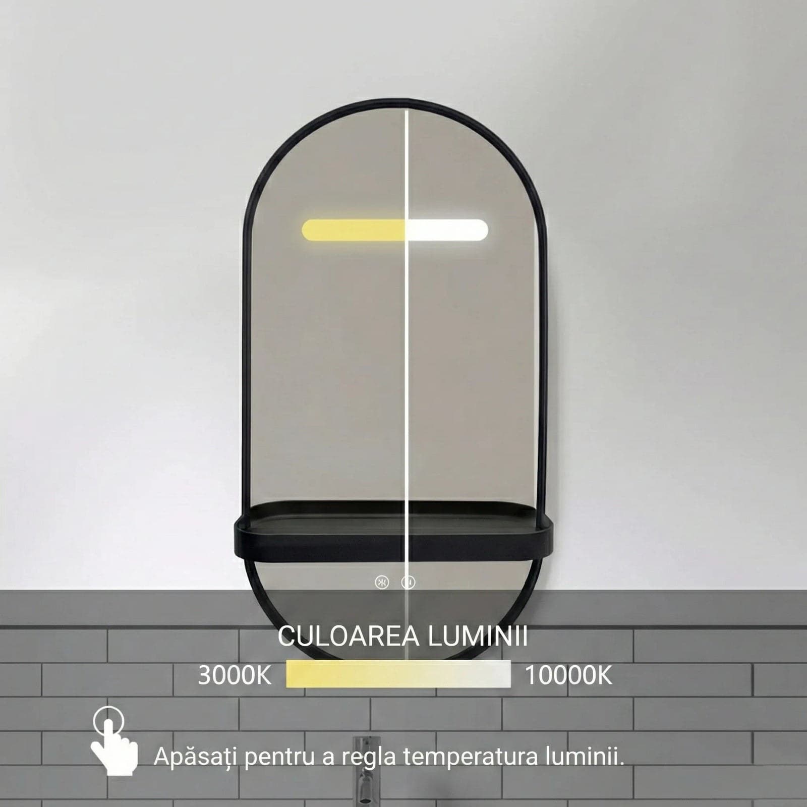 Oglindă baie LED 80×40 cm ovală, 3 nuanțe de lumină, dezaburire și touch control J-3086 - montat