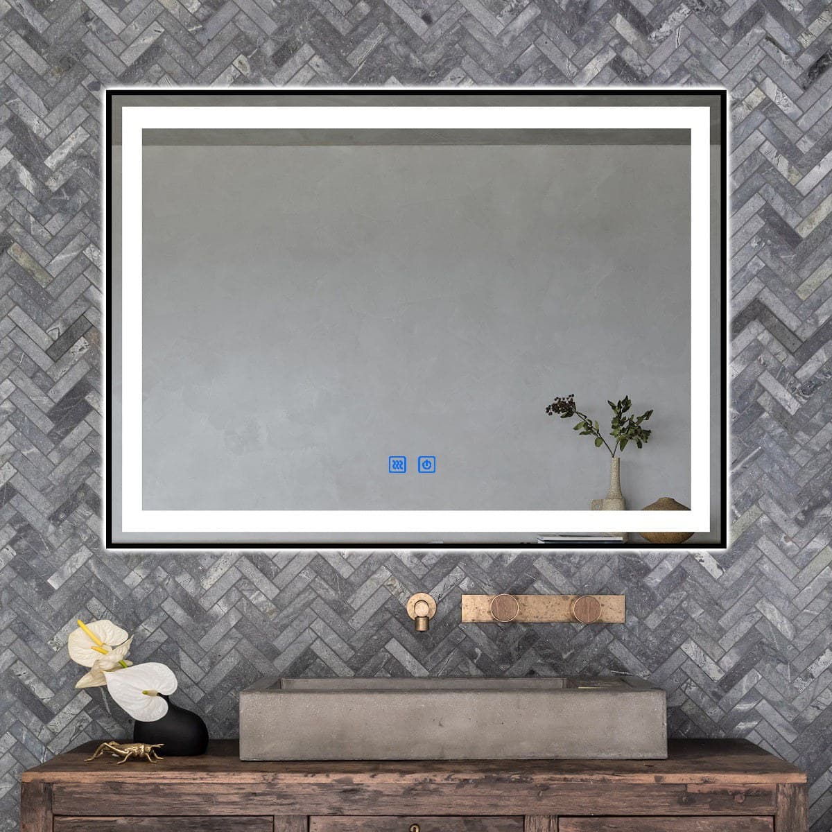 Oglindă baie LED 80×60 cm dreptunghiulară, 3 nuanțe de lumină, dezaburire și touch control J-130