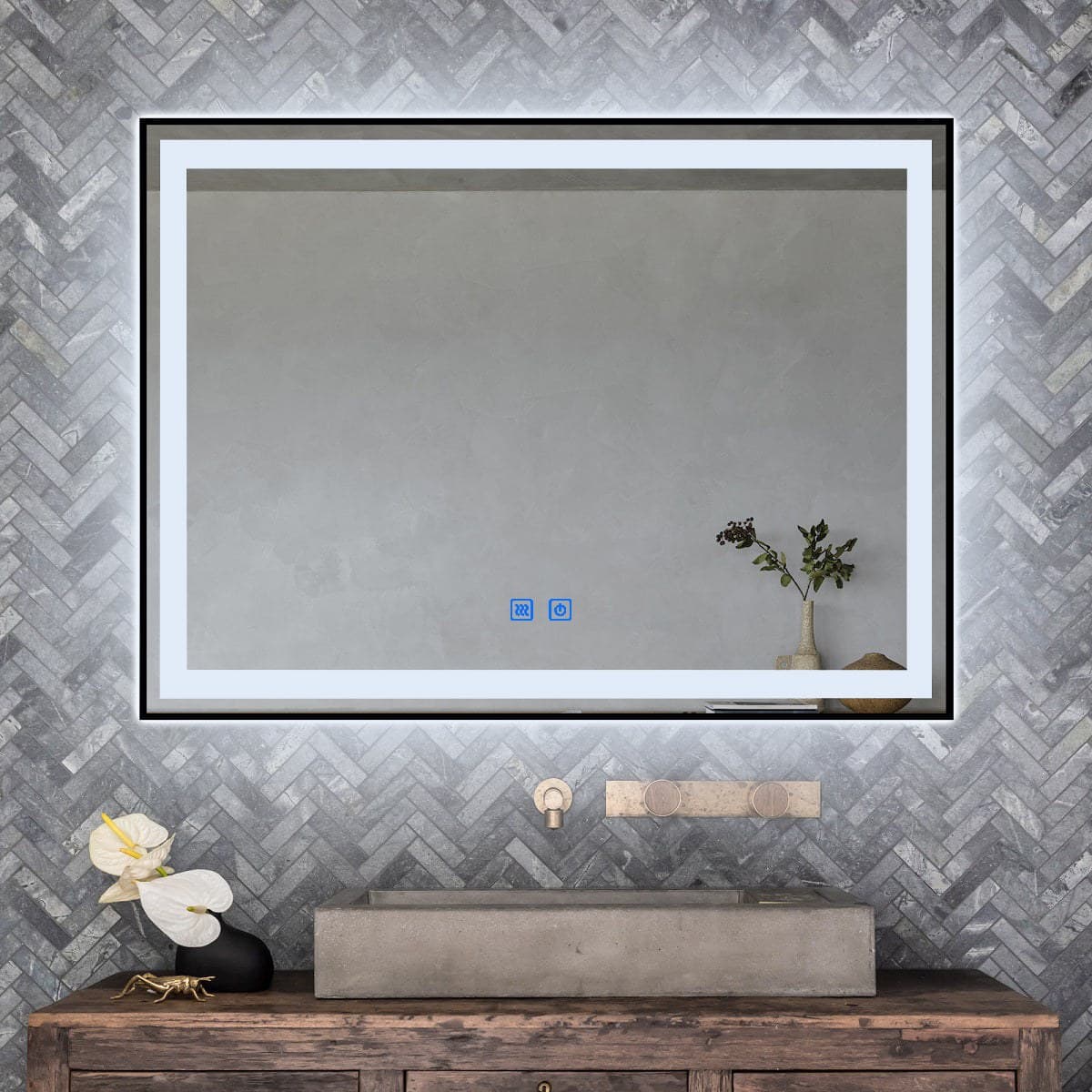 Oglindă baie LED 80×60 cm dreptunghiulară, 3 nuanțe de lumină, dezaburire și touch control J-130 - montat