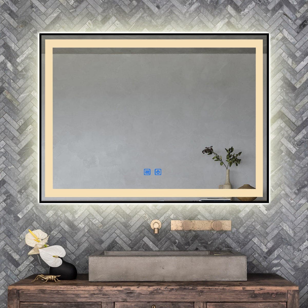 Oglindă baie LED 80×60 cm dreptunghiulară, 3 nuanțe de lumină, dezaburire și touch control J-130 - montat