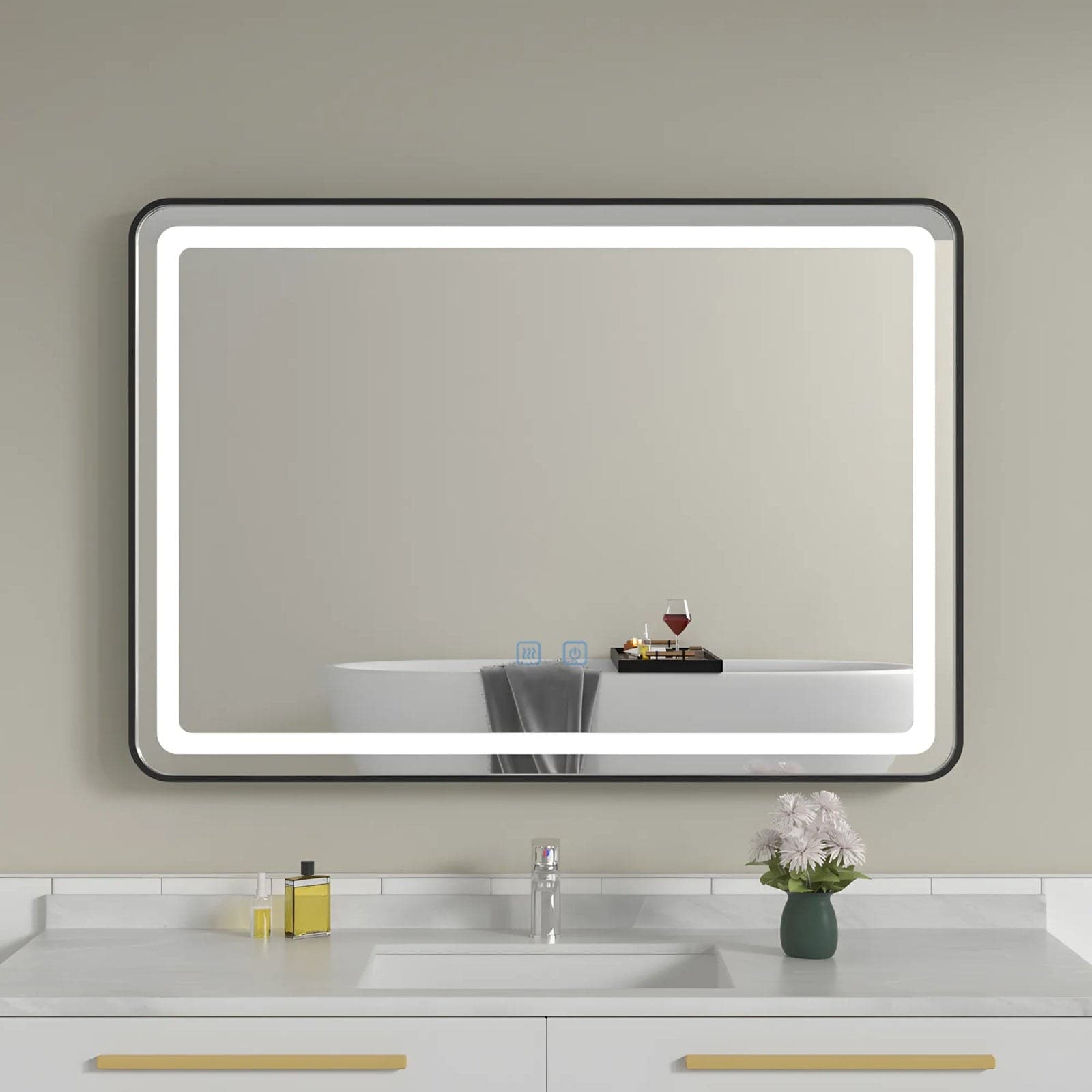 Oglindă baie LED 80×60 cm dreptunghiulară cu ramă neagră, 3 nuanțe de lumină, dezaburire și touch control J-11