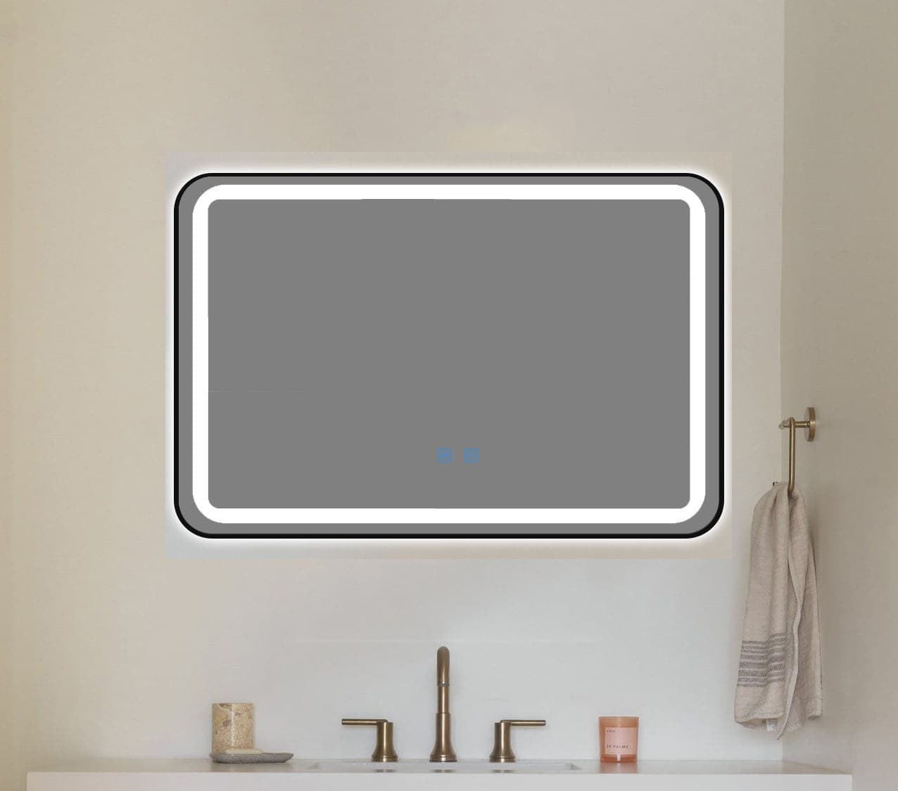 Oglindă baie LED 80×60 cm dreptunghiulară cu ramă neagră, 3 nuanțe de lumină, dezaburire și touch control J-11 - montat