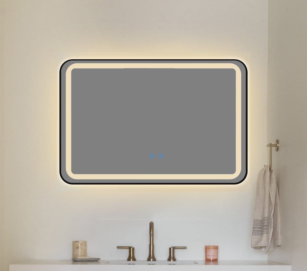 Oglindă baie LED 80×60 cm dreptunghiulară cu ramă neagră, 3 nuanțe de lumină, dezaburire și touch control J-11 - montat