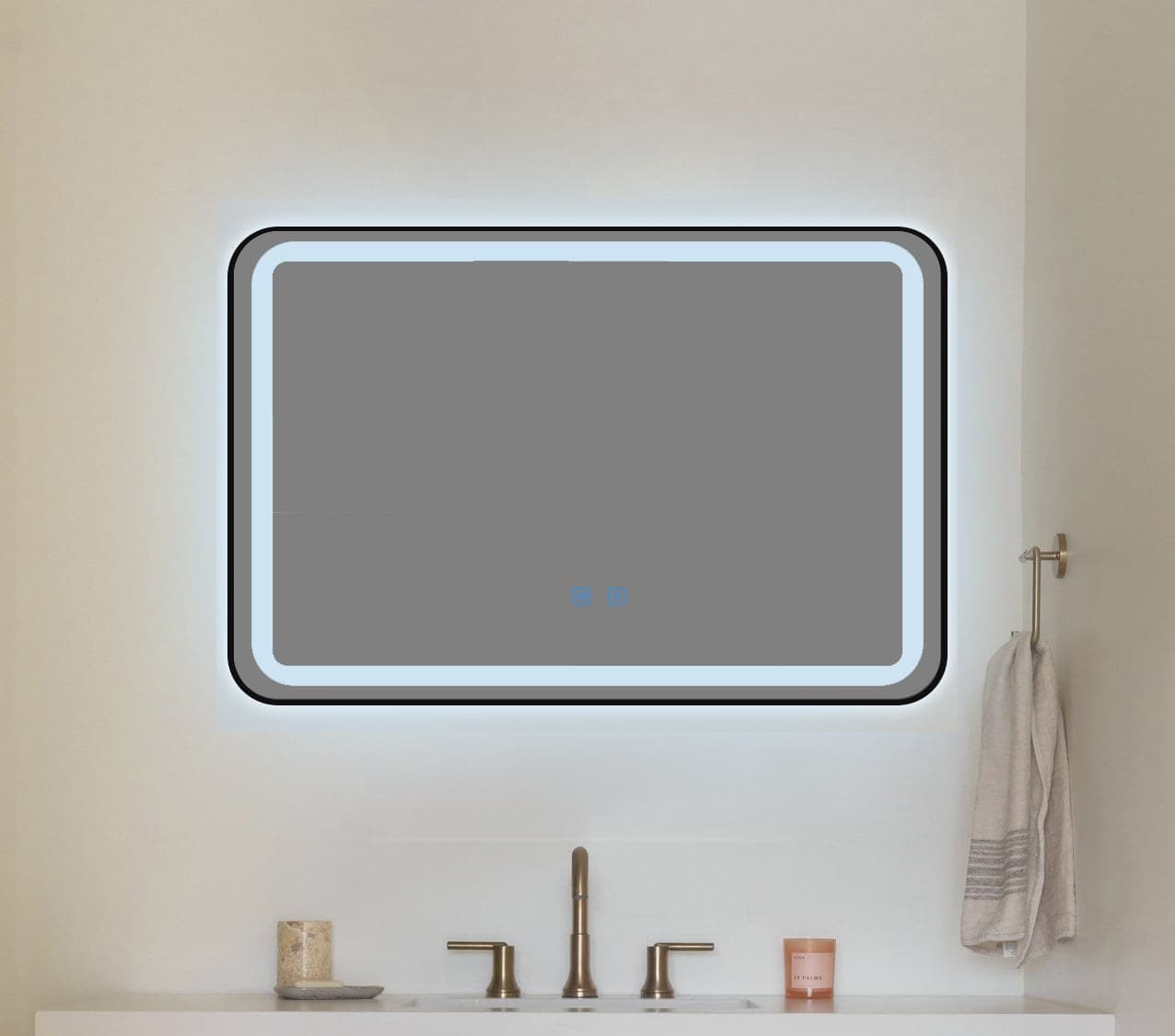 Oglindă baie LED 80×60 cm dreptunghiulară cu ramă neagră, 3 nuanțe de lumină, dezaburire și touch control J-11 - montat