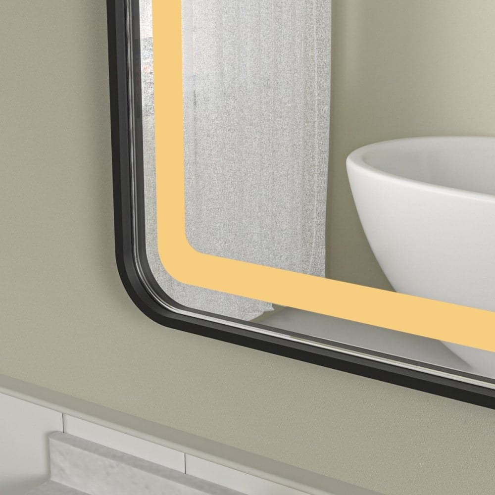 Oglindă baie LED 80×60 cm dreptunghiulară cu ramă neagră, 3 nuanțe de lumină, dezaburire și touch control J-11 - montat