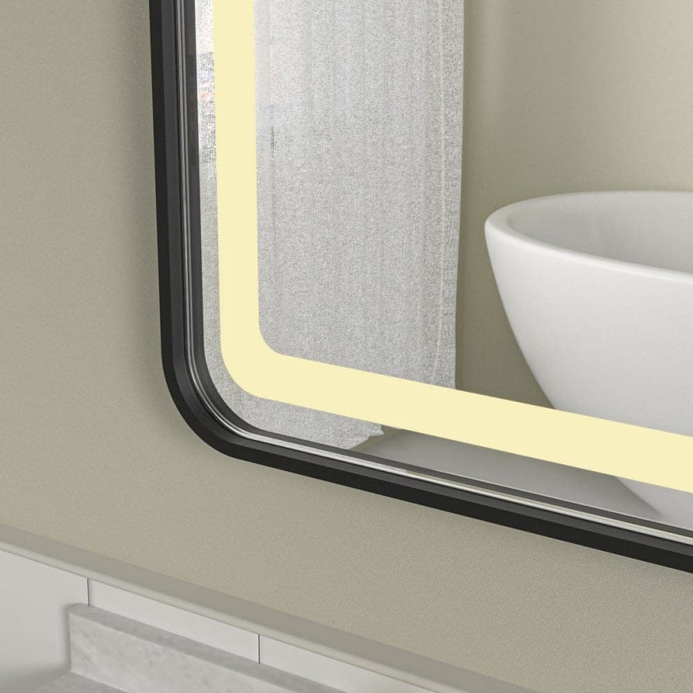 Oglindă baie LED 80×60 cm dreptunghiulară cu ramă neagră, 3 nuanțe de lumină, dezaburire și touch control J-11 - montat