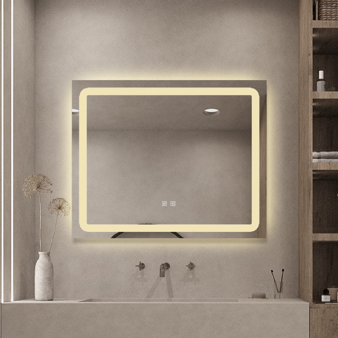 Oglindă baie LED 80×65 cm dreptunghiulară, 3 nuanțe de lumină, dezaburire și touch control J-103 - montat