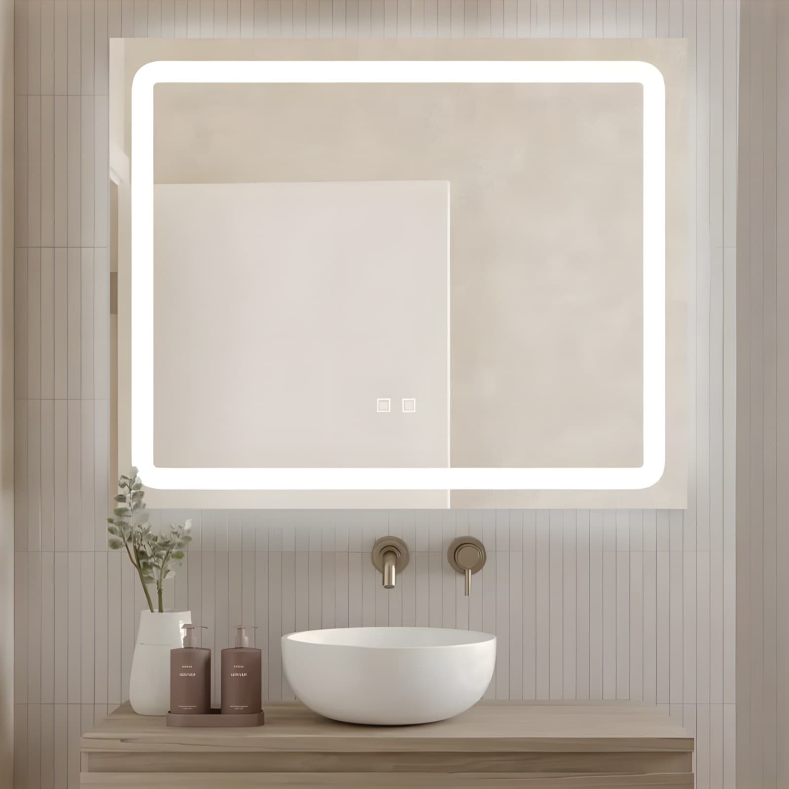 Oglindă baie LED 80×65 cm dreptunghiulară, 3 nuanțe de lumină, dezaburire și touch control J-103 - montat