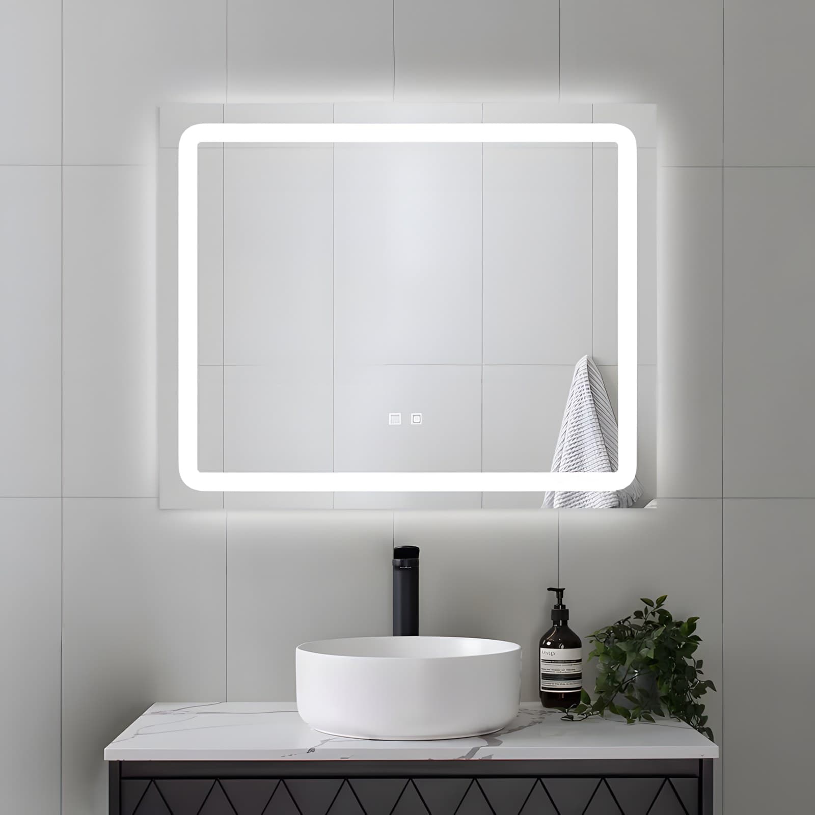 Oglindă baie LED 80×65 cm dreptunghiulară, 3 nuanțe de lumină, dezaburire și touch control J-103 - montat