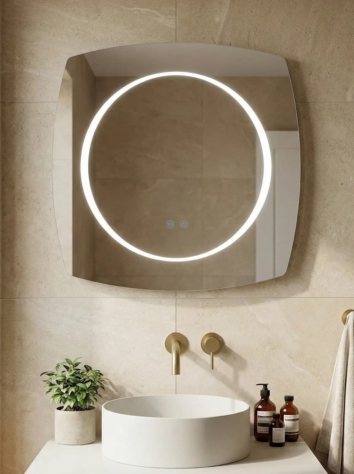 Oglindă baie LED 80×80 cm pătrată cu colțuri rotunjite, 3 nuanțe de lumină, dezaburire și touch control J-3075