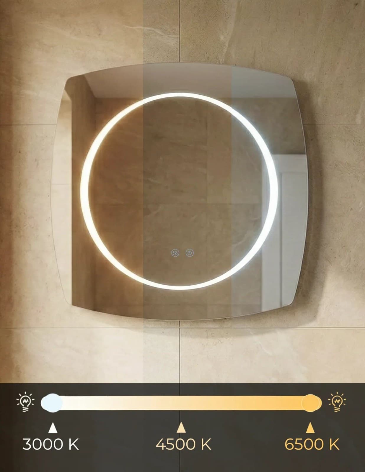 Oglindă baie LED 80×80 cm pătrată cu colțuri rotunjite, 3 nuanțe de lumină, dezaburire și touch control J-3075 - montat