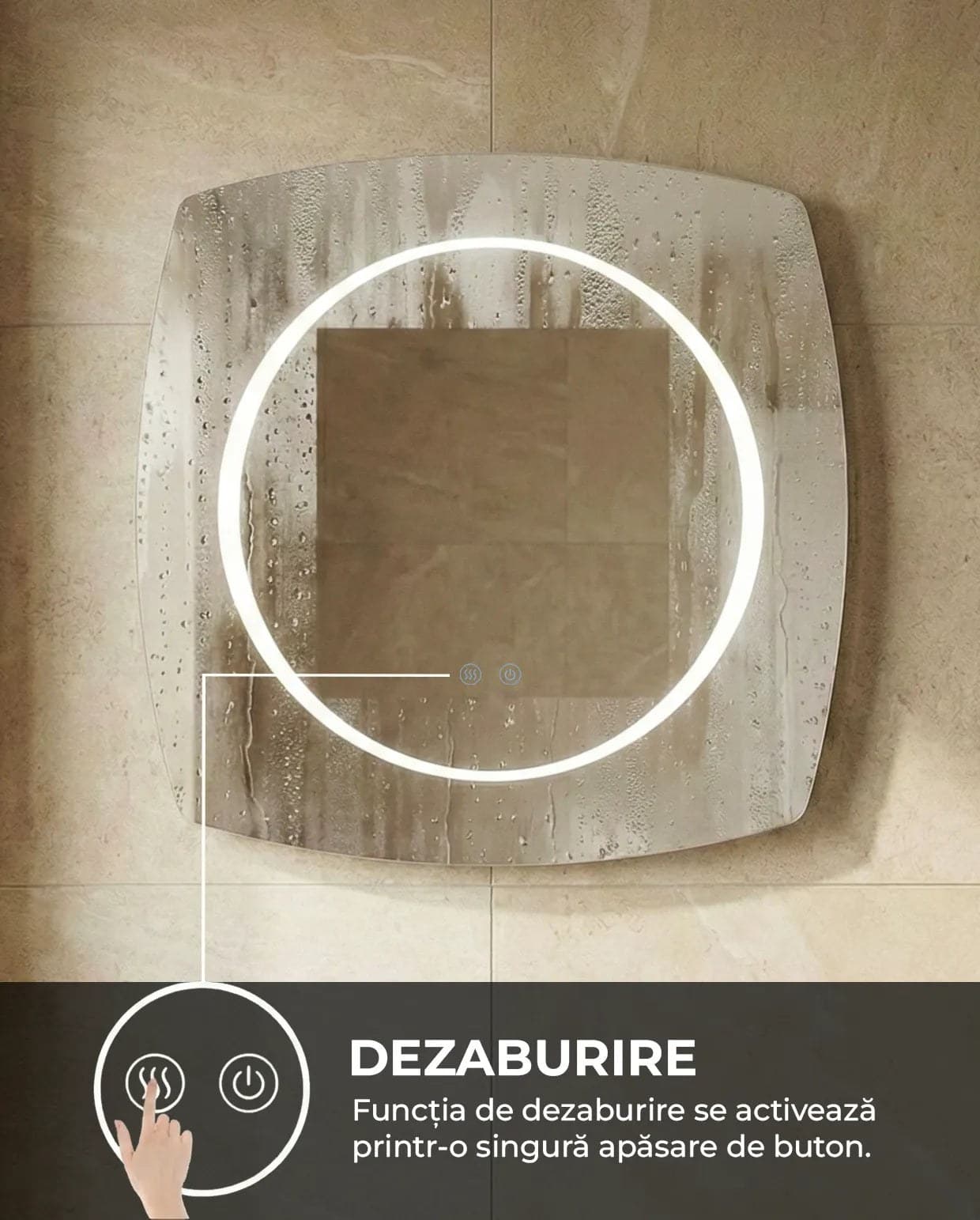 Oglindă baie LED 80×80 cm pătrată cu colțuri rotunjite, 3 nuanțe de lumină, dezaburire și touch control J-3075 - montat