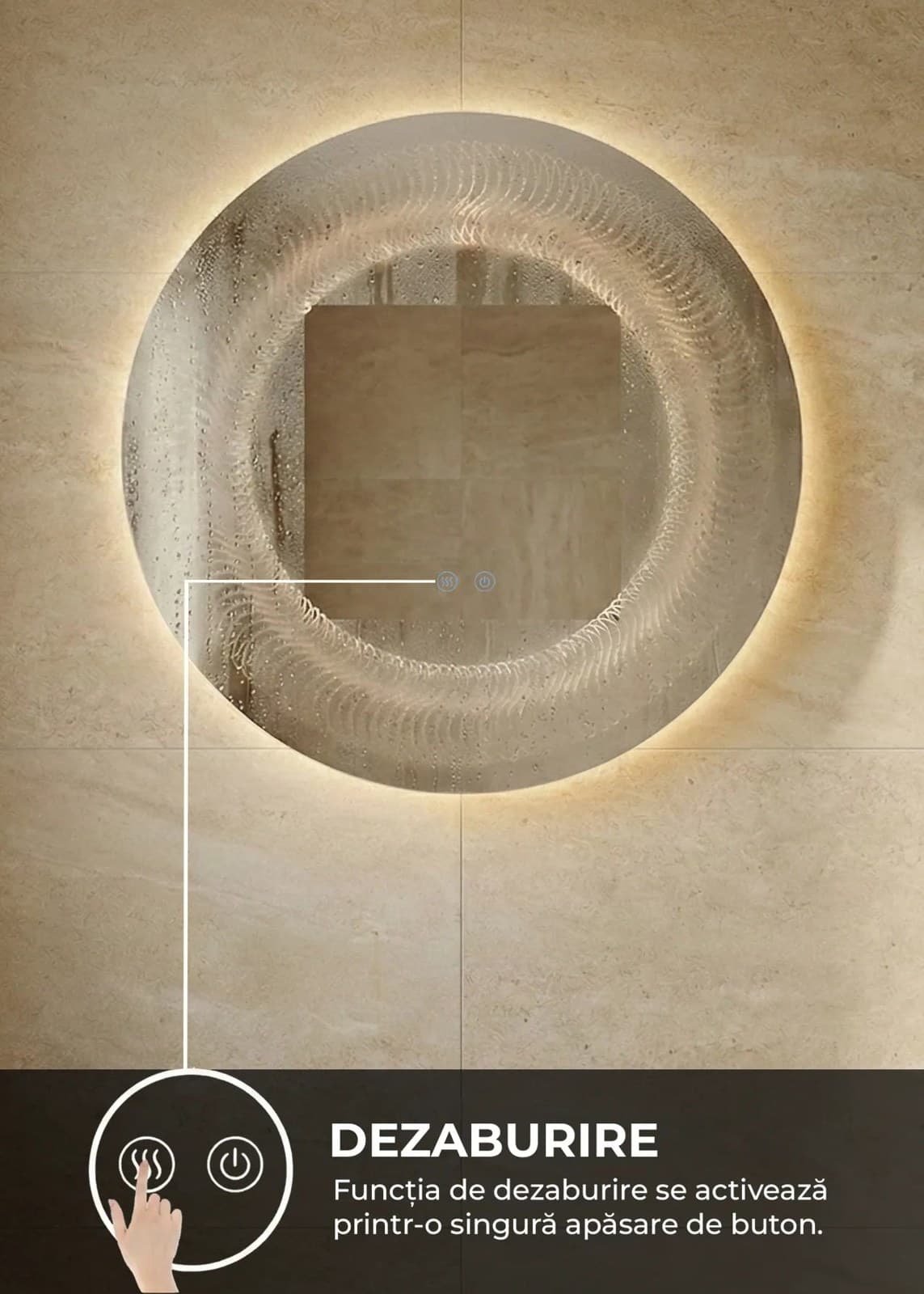 Oglindă baie LED ⌀80 cm rotundă, 3 nuanțe de lumină, dezaburire și touch control J-2068 - montat