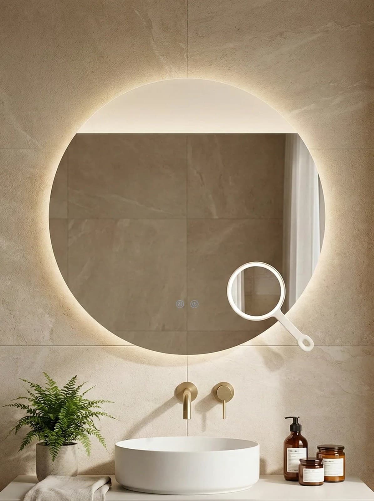 Oglindă baie LED ⌀80 cm rotundă cu lumină COB, 3 nuanțe de lumină, lupă cosmetică, dezaburire și touch control J-2003