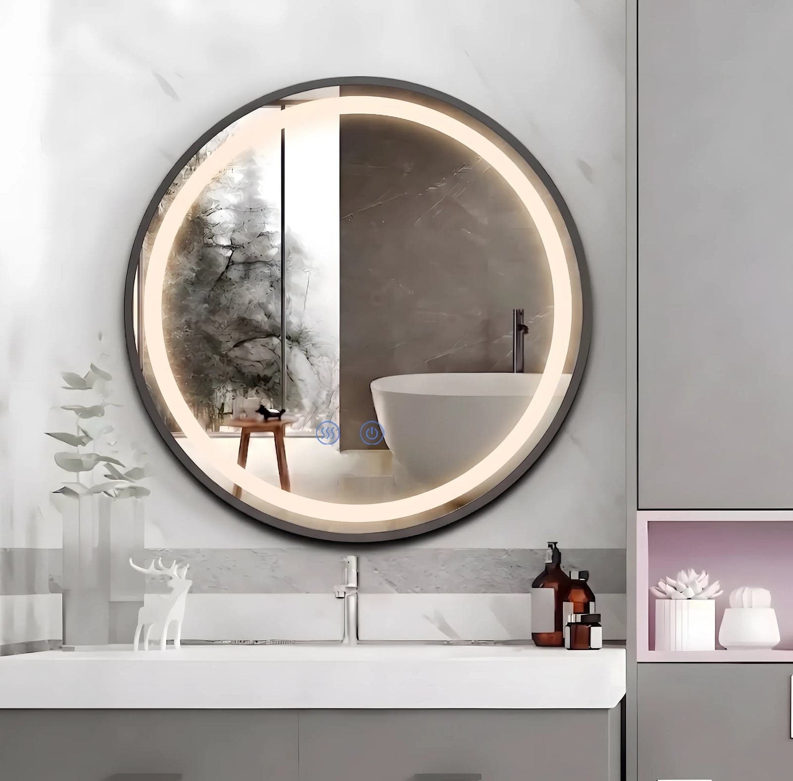 Oglindă LED Rotundă 70 cm J129 cu Ramă Neagră, Touch, Dezaburire și 3 Tipuri de Lumină - montat