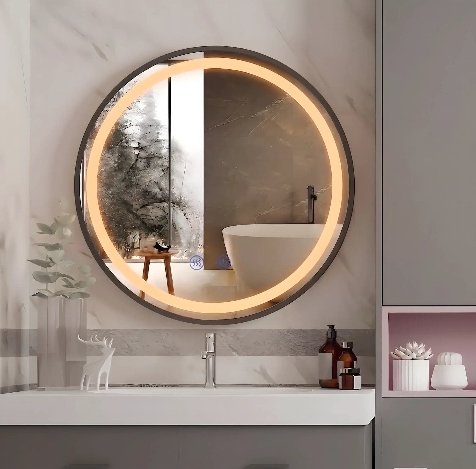 Oglindă LED Rotundă 70 cm J129 cu Ramă Neagră, Touch, Dezaburire și 3 Tipuri de Lumină - montat