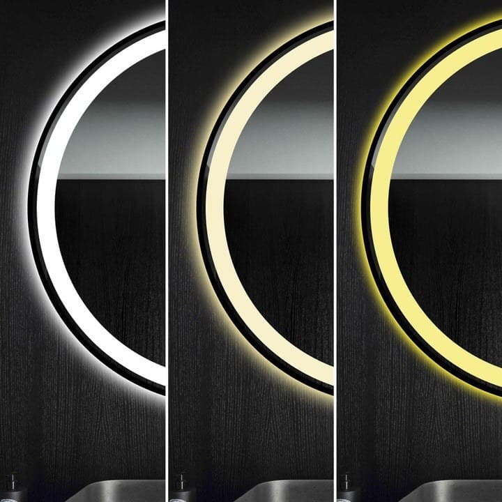 Oglindă LED Rotundă 70 cm J129 cu Ramă Neagră, Touch, Dezaburire și 3 Tipuri de Lumină - montat