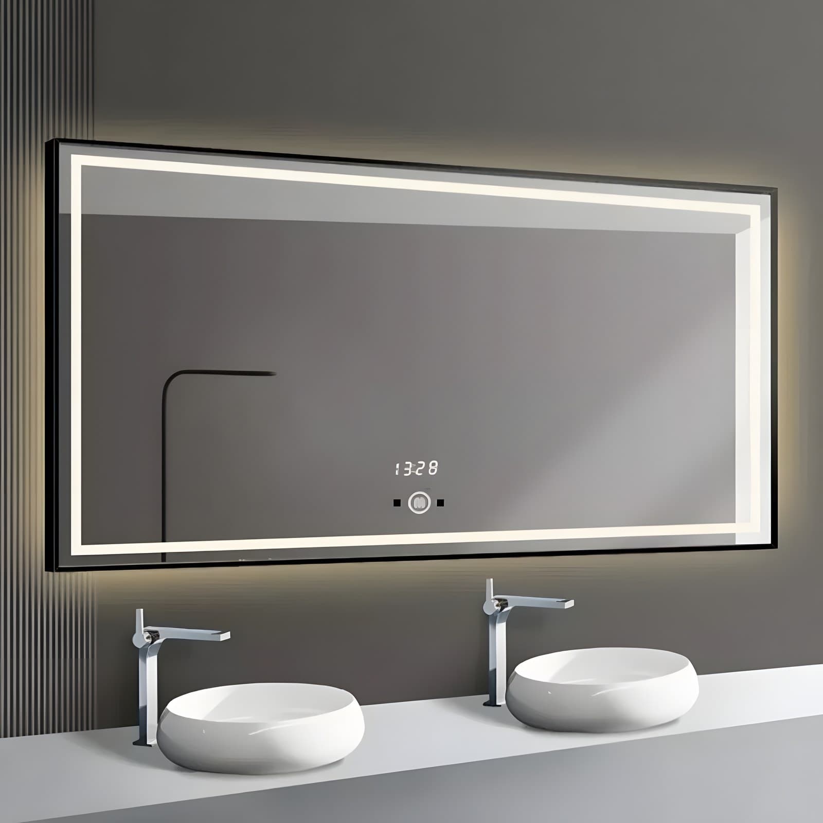 Oglinda LED Si Touch 80×60 Cm Cu Ceas Rama Negru Mat J130