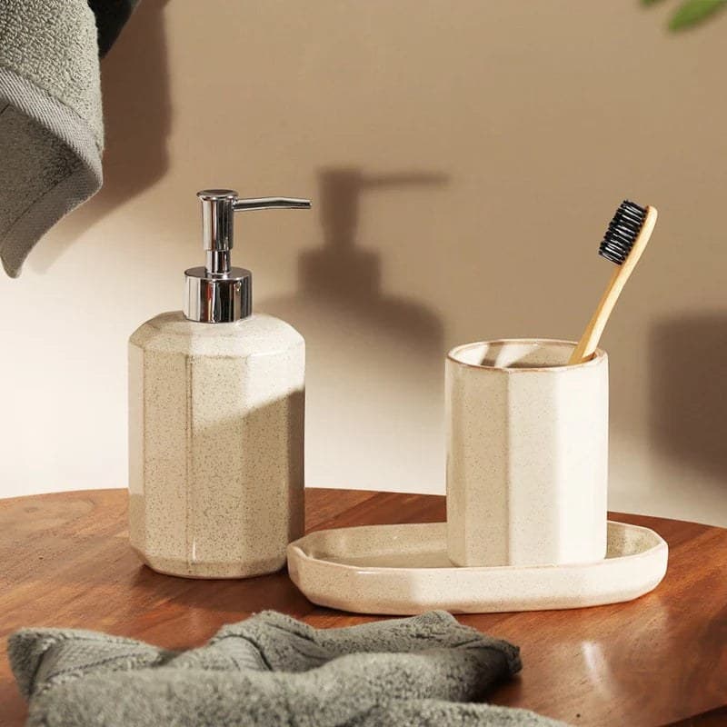 Set 3 piese accesorii de baie crem ceramica cu glazura lucioasa