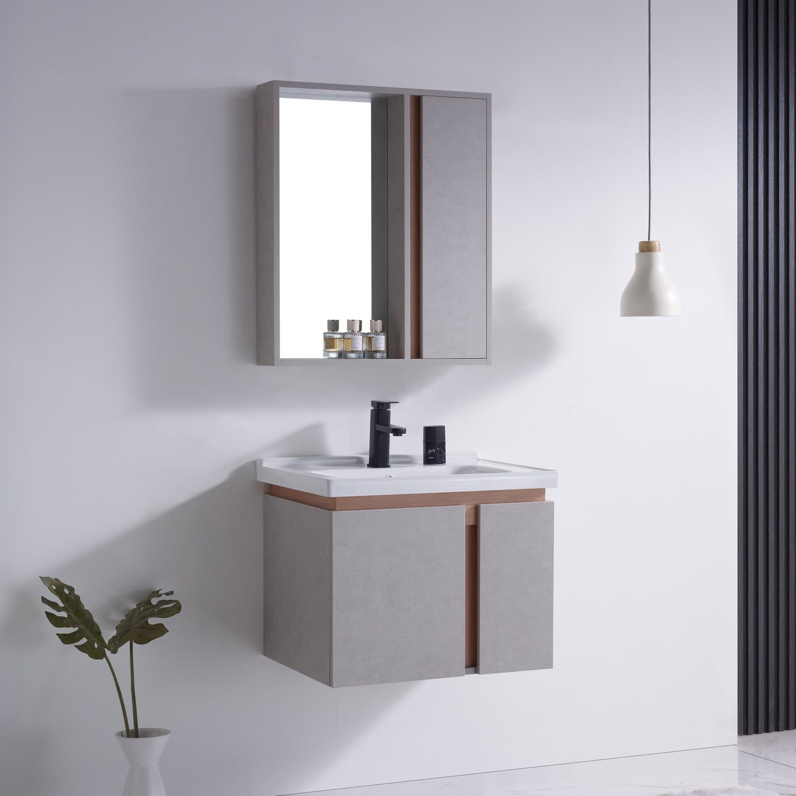 Set complet mobilier baie suspendat Belmont cu lavoar și dulap cu oglindă - gri