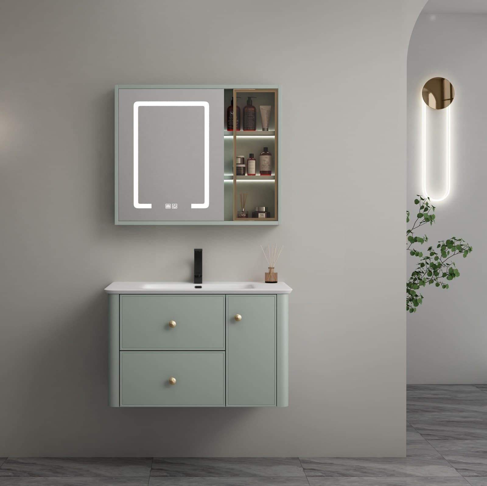 Set complet mobilier baie suspendat Serena cu lavoar și dulap cu oglindă LED - verde fistic