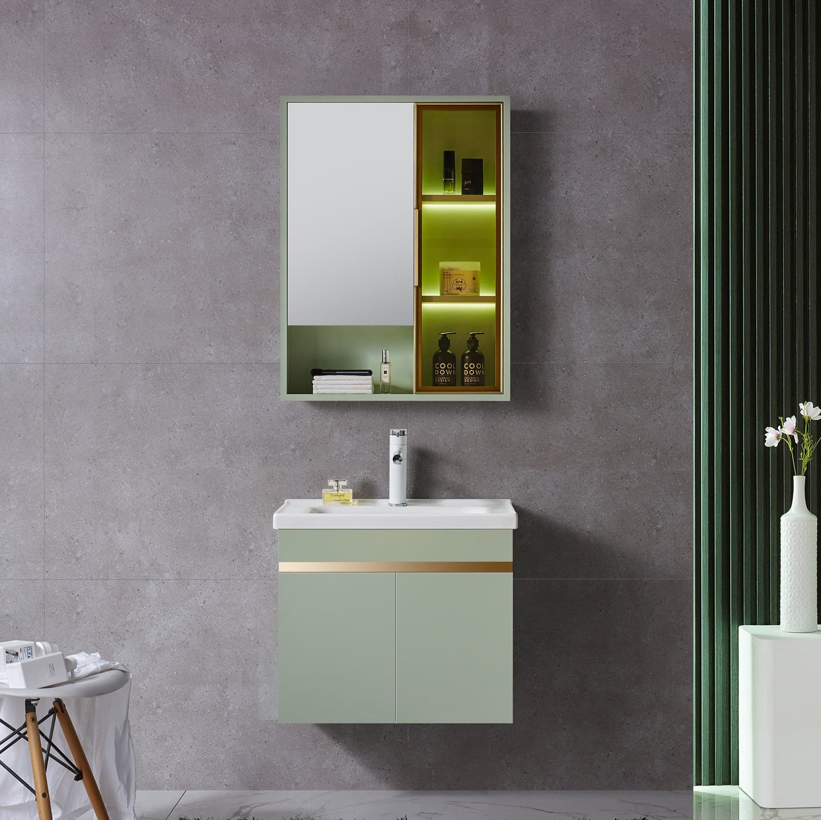 Set complet mobilier baie suspendat Viena cu lavoar și dulap cu oglindă - verde pastel