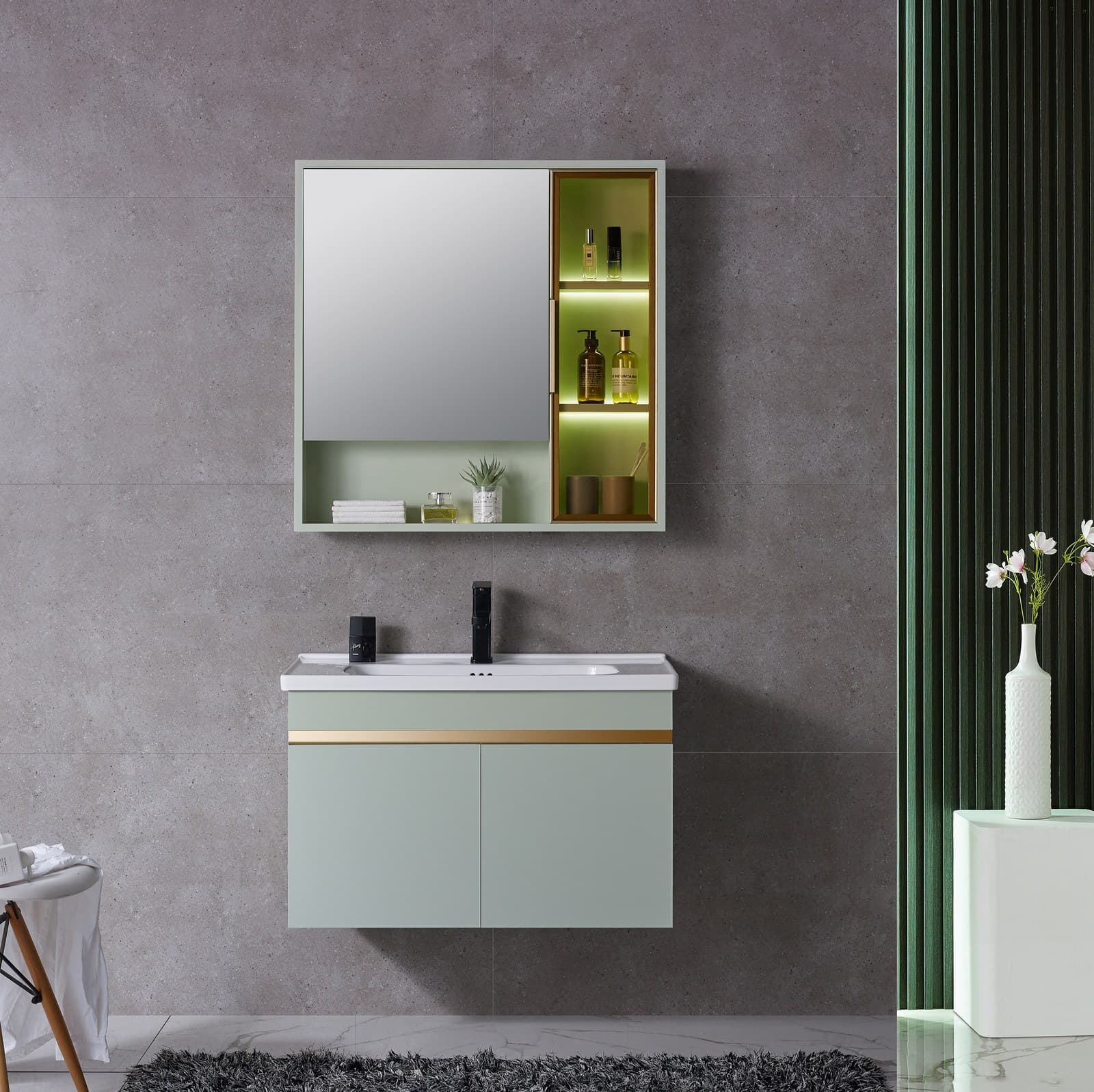 Set complet mobilier baie suspendat Viena cu lavoar și dulap cu oglindă - verde pastel - montat