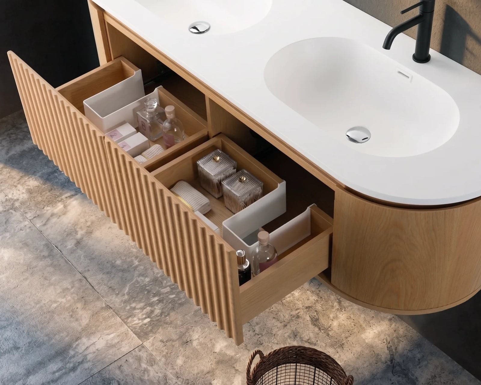 Set Mobilier Baie Dublu Kalliope 160 cm din Lemn cu Două Lavoare & Oglinzi LED - montat