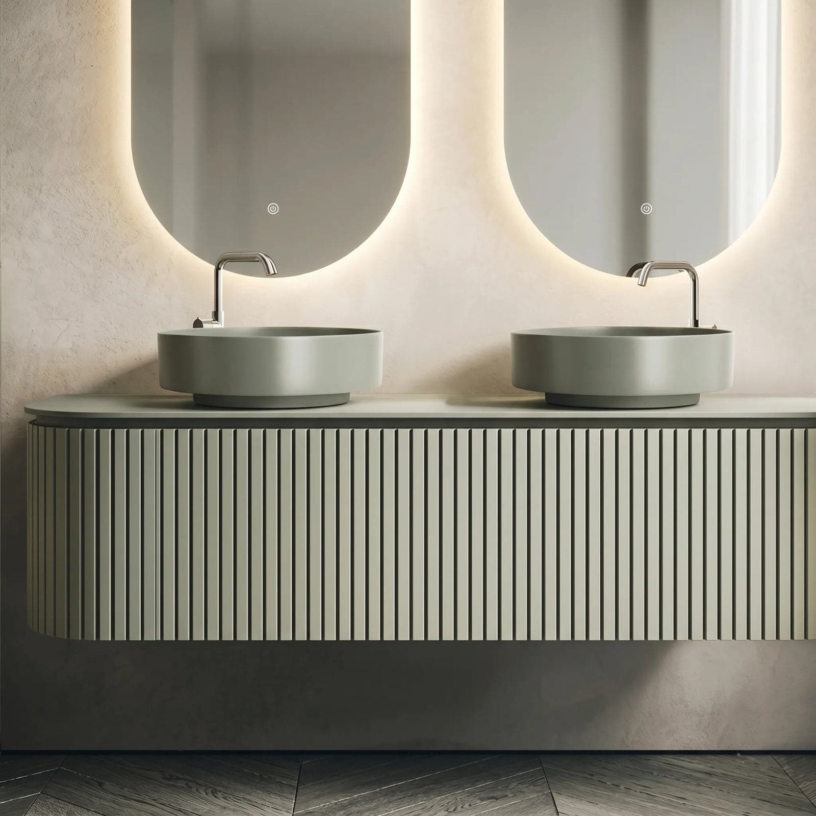 Set mobilier baie dublu suspendat Sereno 160 cm cu lavoare din compozit și oglinzi LED