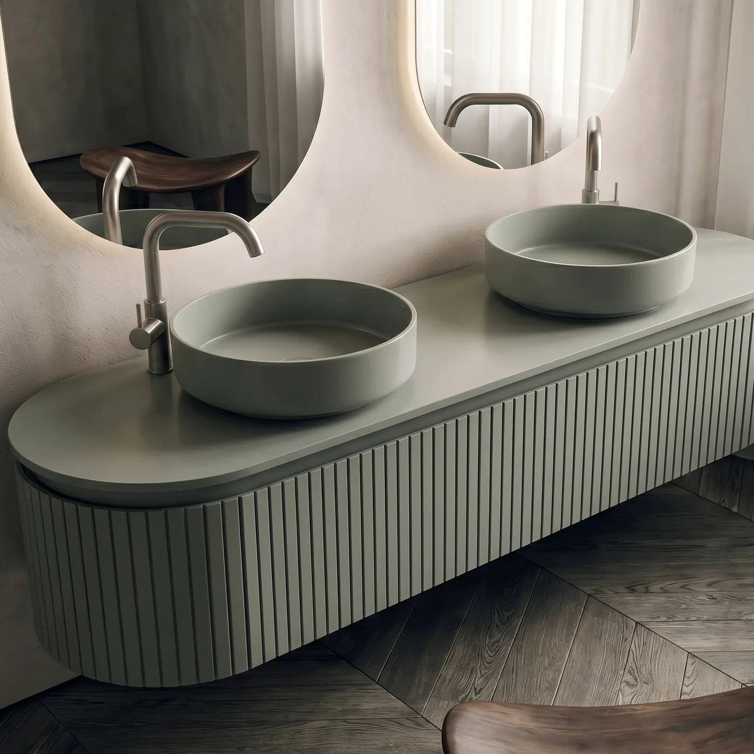 Set mobilier baie dublu suspendat Sereno 160 cm cu lavoare din compozit și oglinzi LED - montat