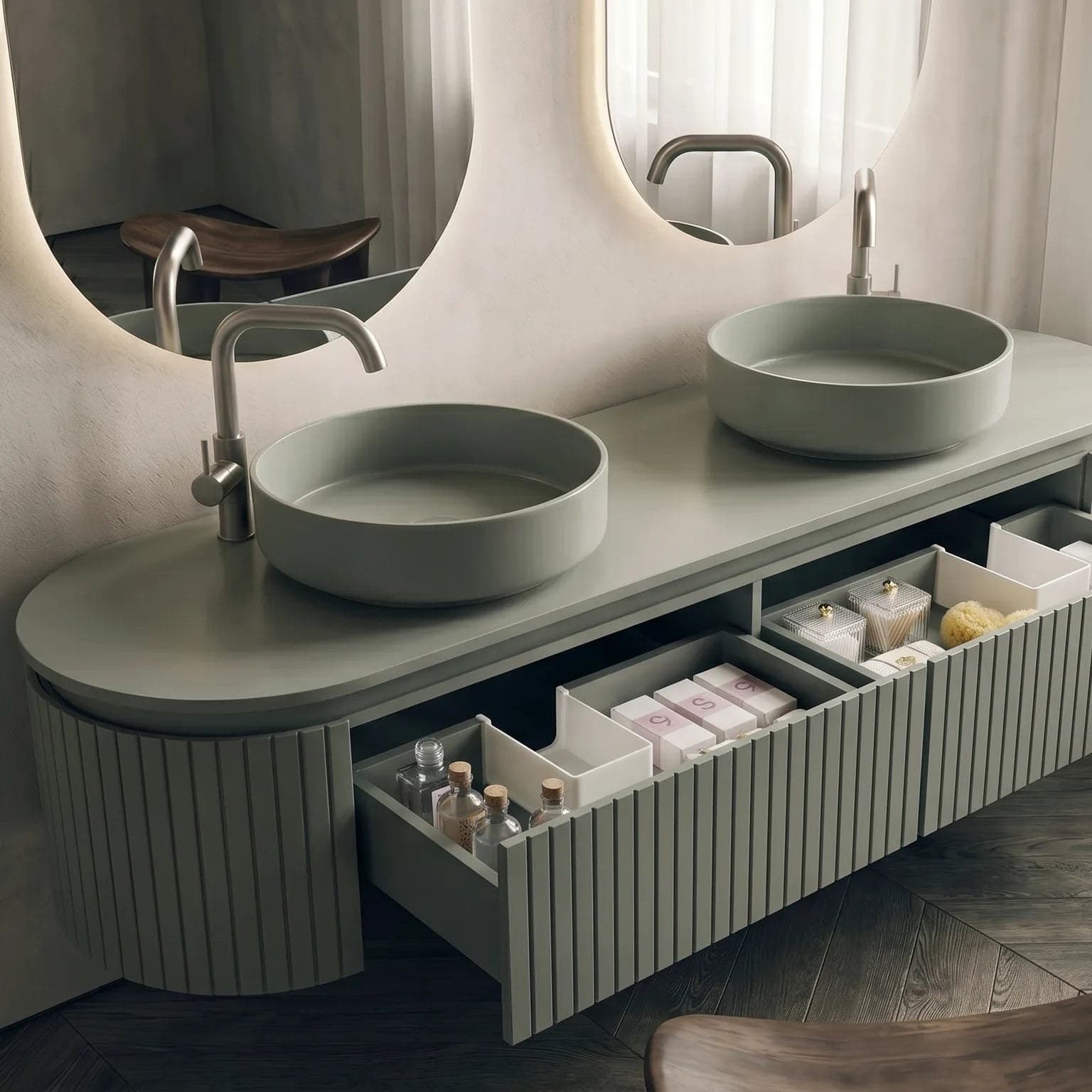 Set mobilier baie dublu suspendat Sereno 160 cm cu lavoare din compozit și oglinzi LED - montat