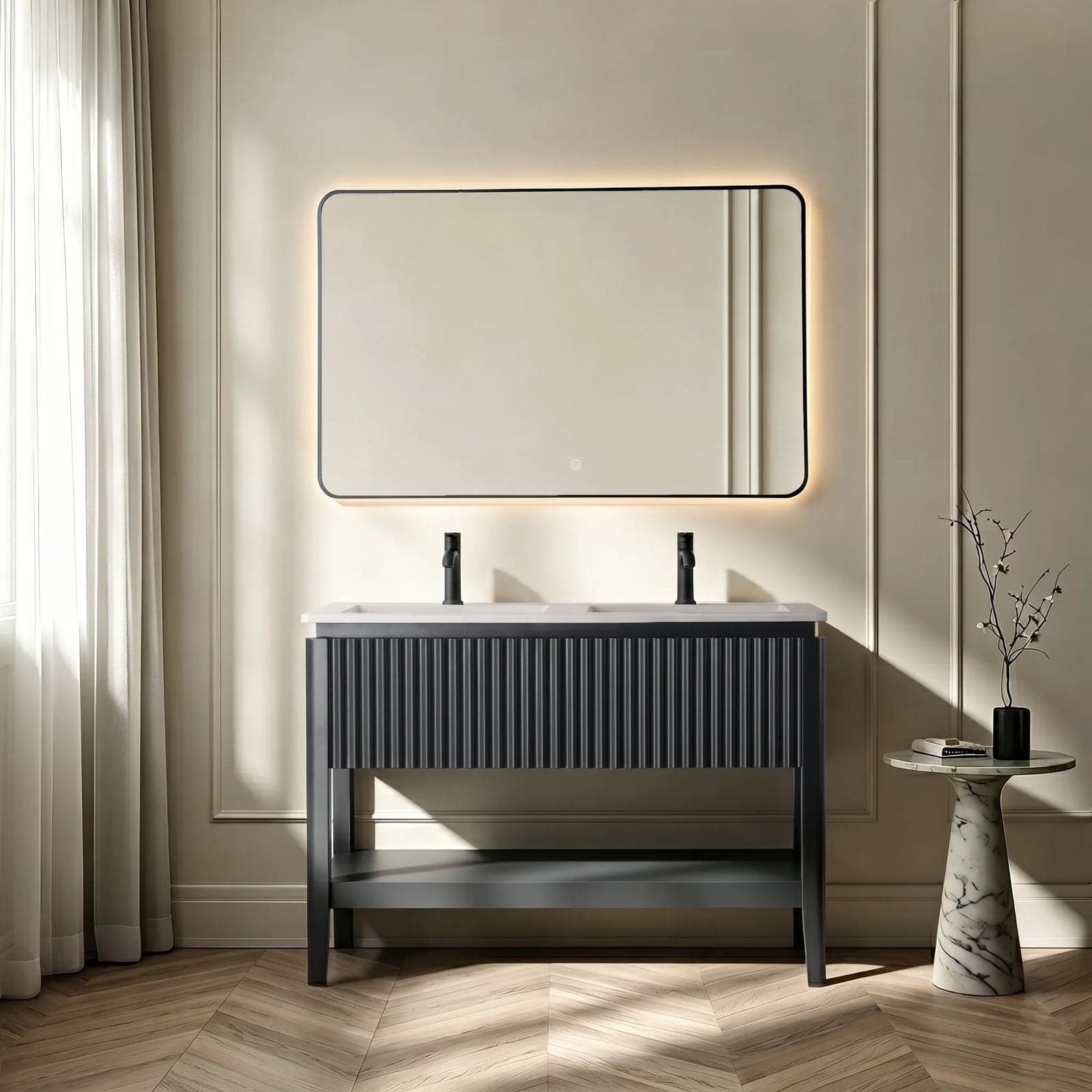 Set mobilier baie pe pardoseală Obsidyan 120 cm cu două lavoare și oglindă LED cu ramă neagră