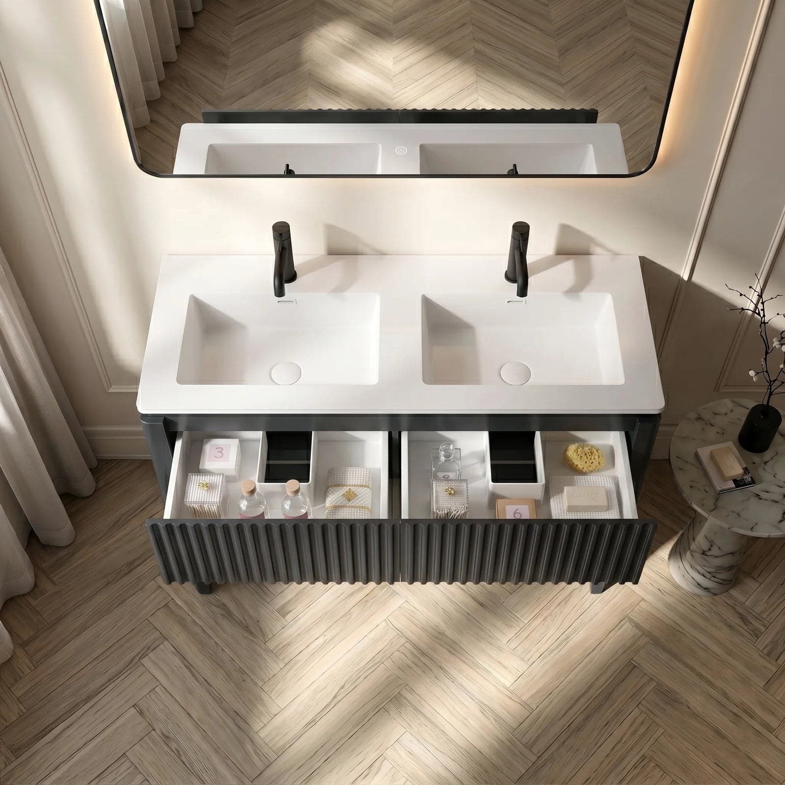 Set mobilier baie pe pardoseală Obsidyan 120 cm cu două lavoare și oglindă LED cu ramă neagră - montat