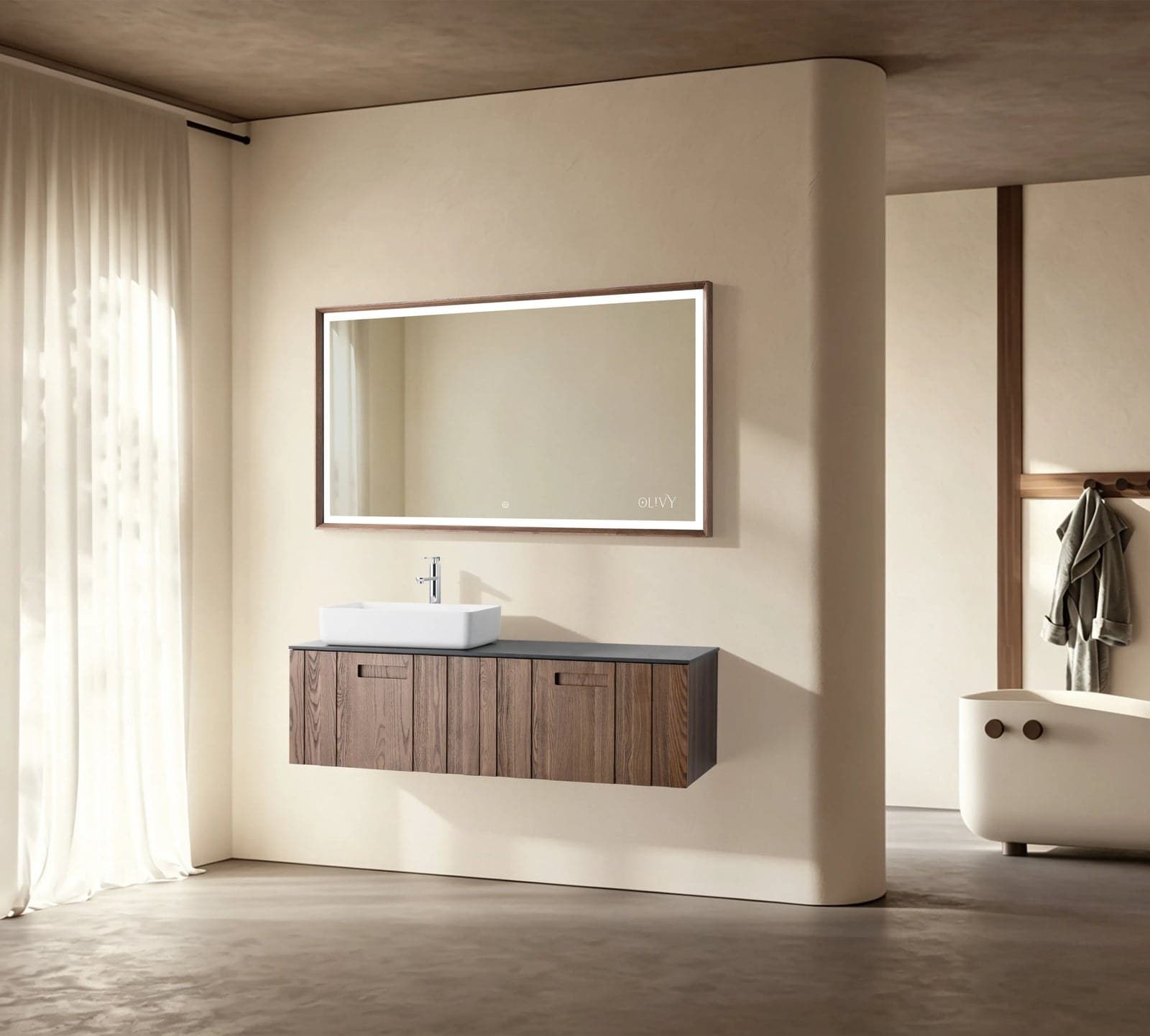 Set mobilier baie suspendat din lemn Ambrose 140 cm cu lavoar și oglindă LED cu ramă din lemn - montat