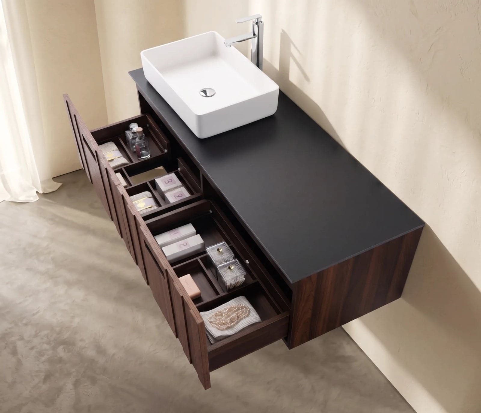 Set mobilier baie suspendat din lemn Ambrose 140 cm cu lavoar și oglindă LED cu ramă din lemn - montat