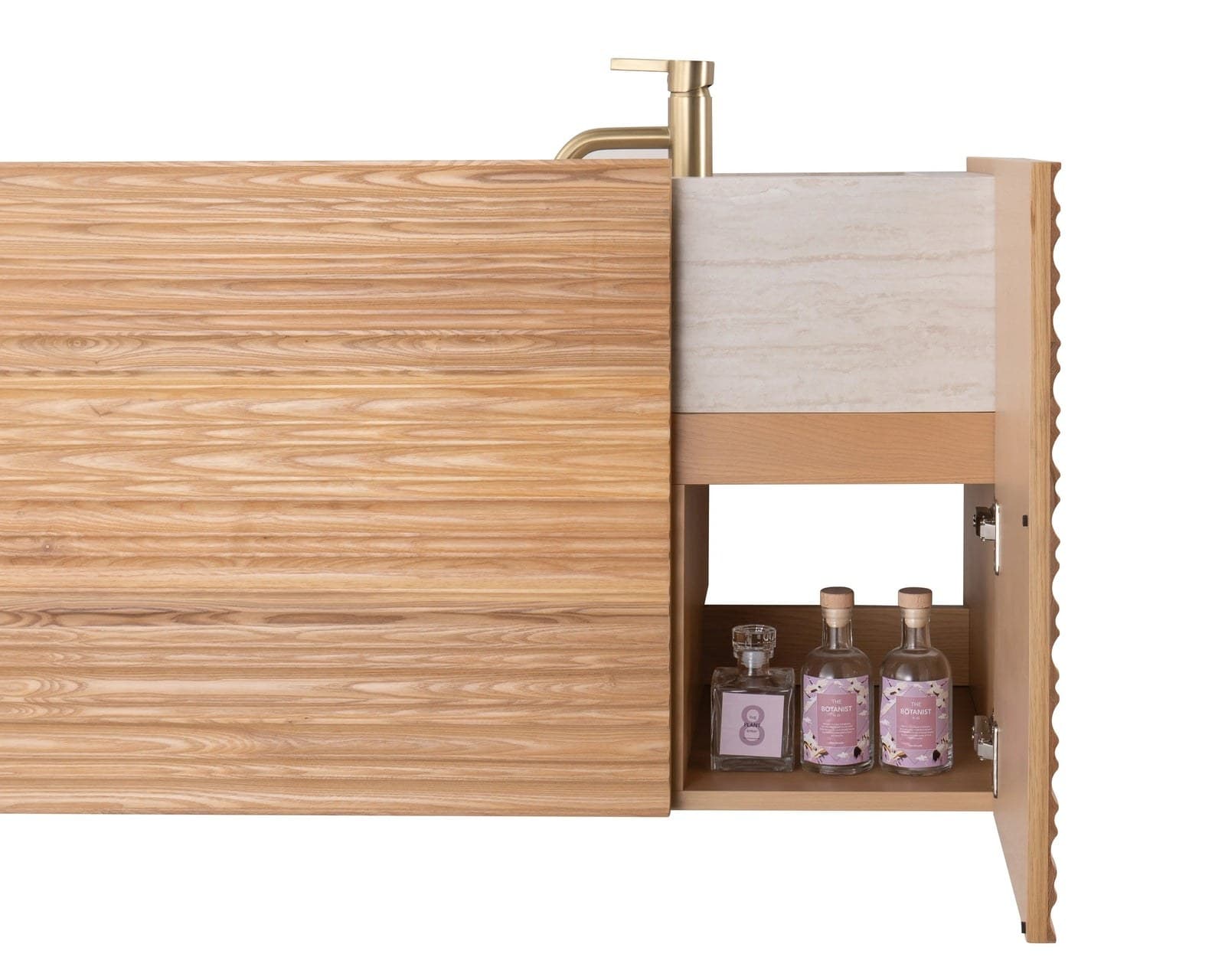 Set mobilier baie suspendat din lemn Koremy 120 cm cu lavoar din compozit și oglinzi LED