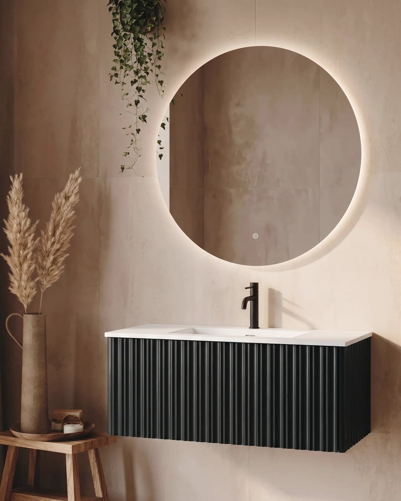 Set mobilier baie suspendat Mandu negru 100 cm cu lavoar și oglindă LED