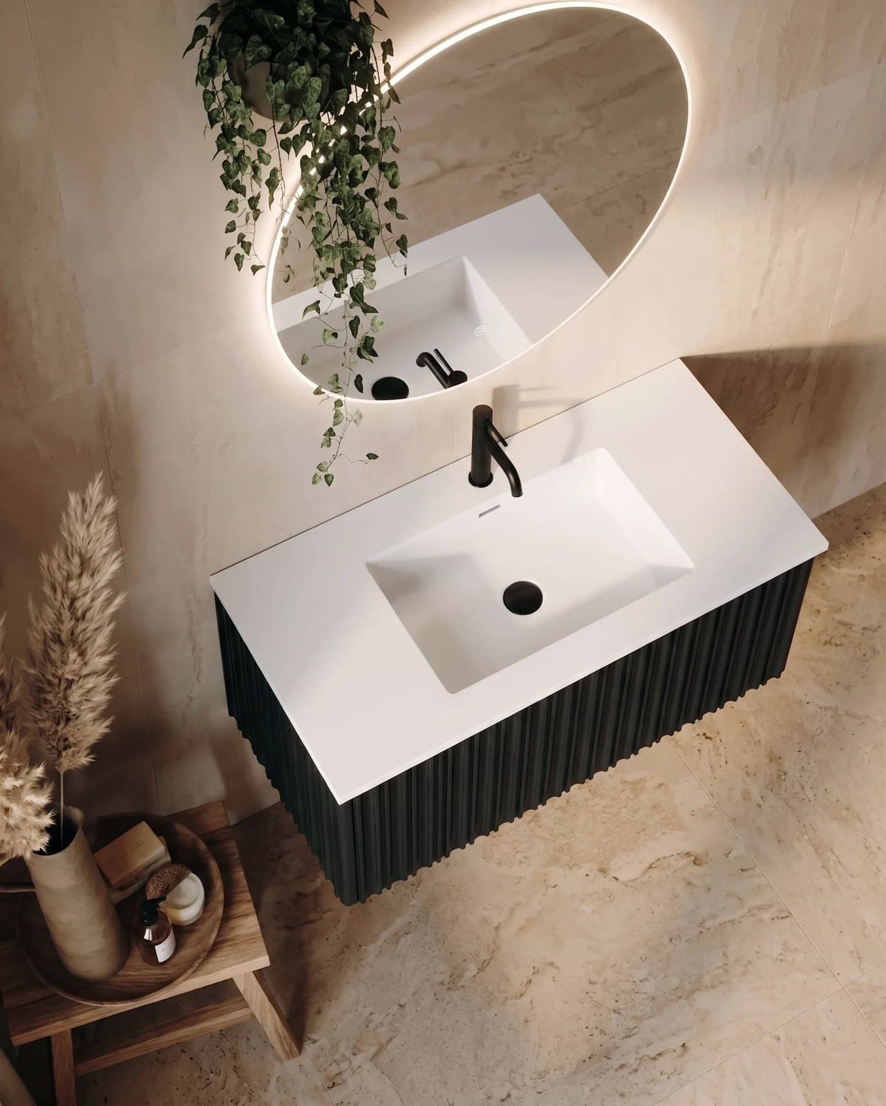 Set mobilier baie suspendat Mandu negru 100 cm cu lavoar și oglindă LED - montat
