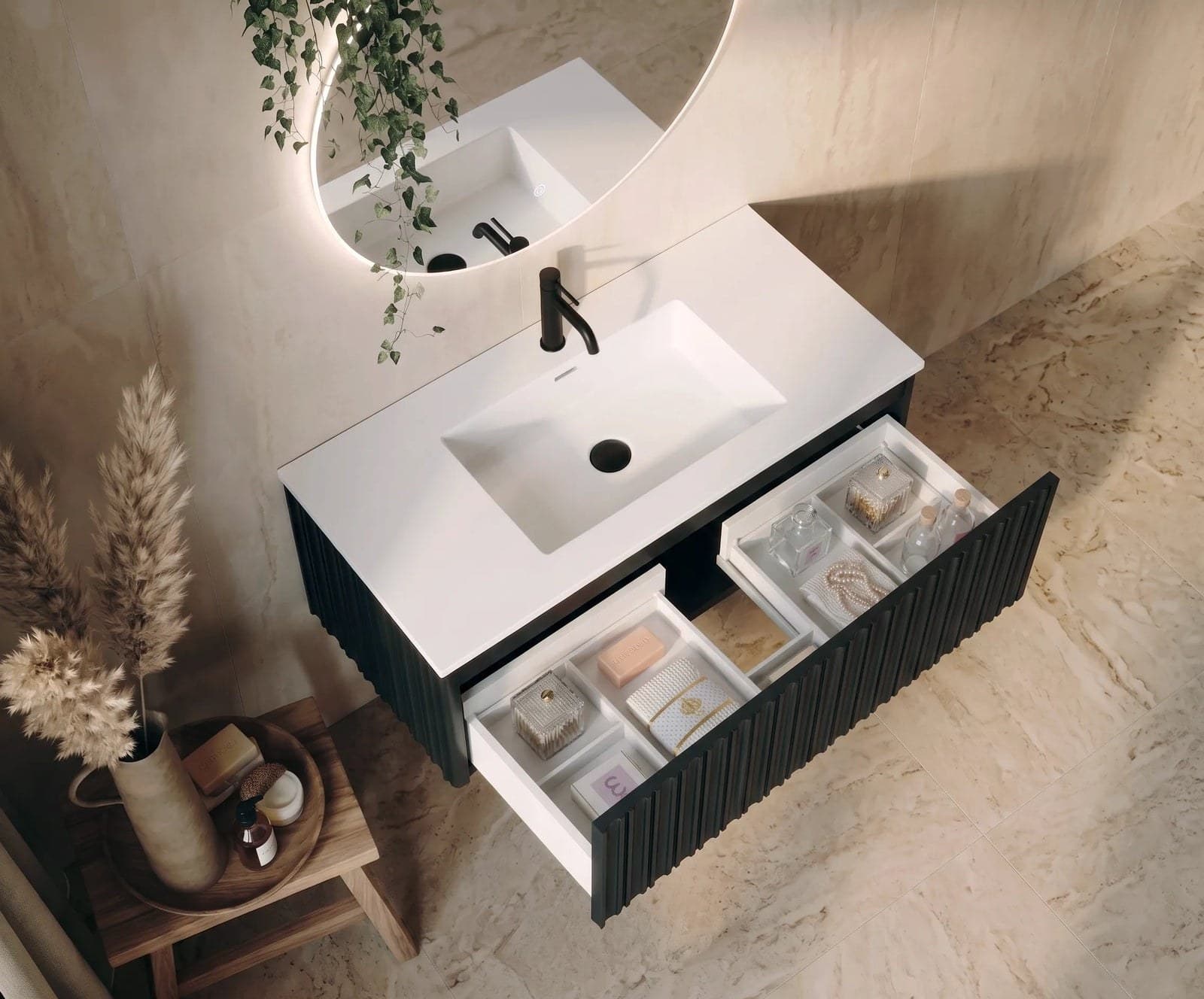 Set mobilier baie suspendat Mandu negru 100 cm cu lavoar și oglindă LED - montat