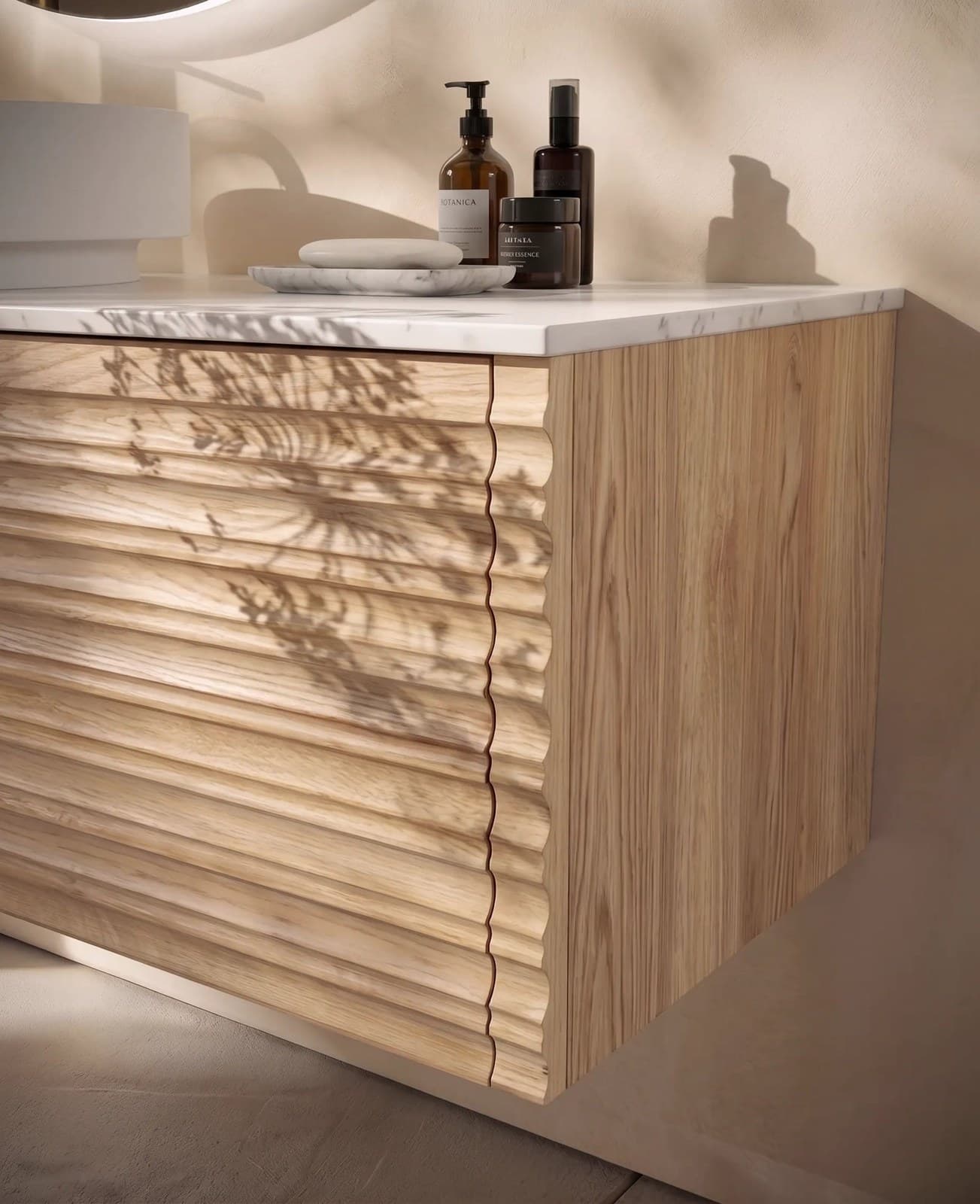 Set mobilier suspendat baie din lemn Bansko 120 cm cu lavoar alb și oglindă LED - montat